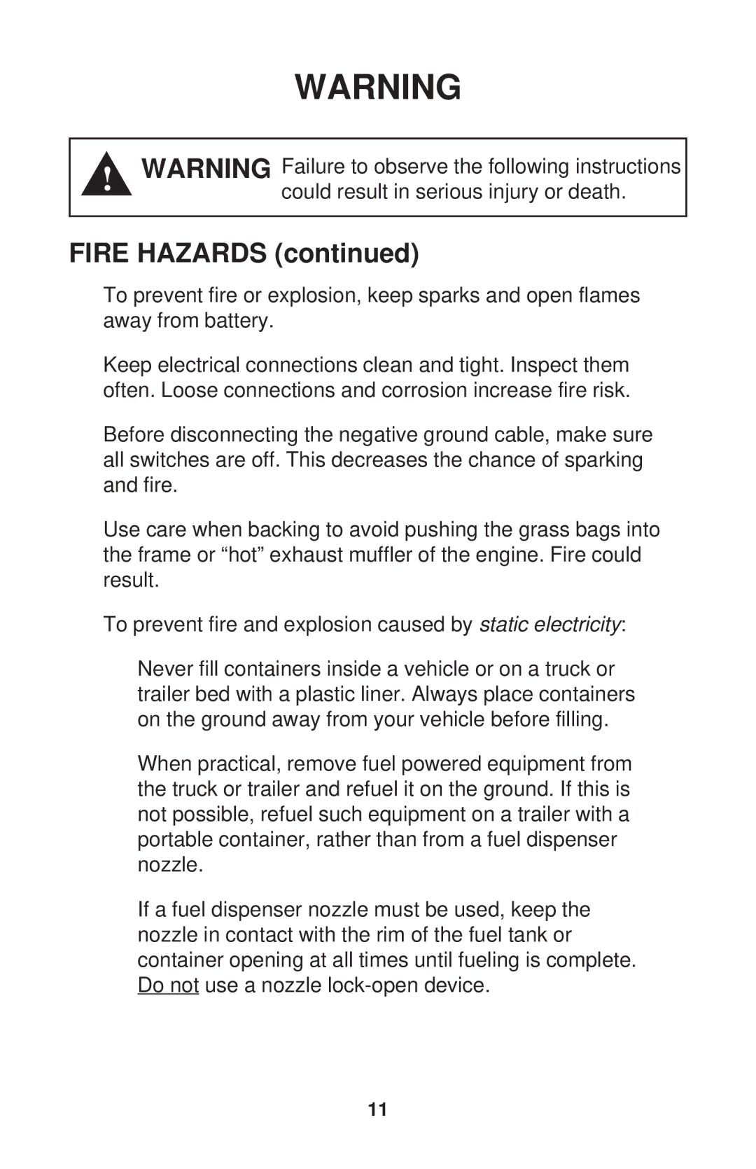 Dixon ZTR 34, ZTR 44, ZTR 34 manual Fire Hazards 