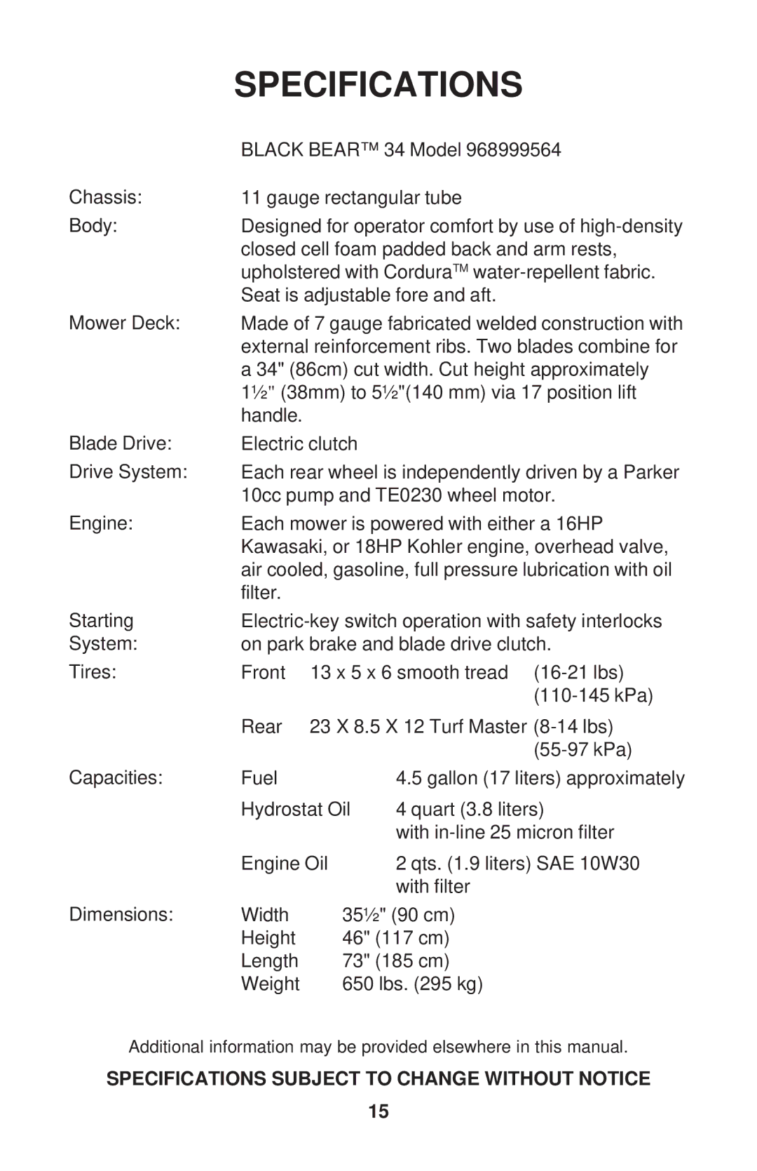 Dixon ZTR 34, ZTR 44, ZTR 34 manual Specifications 