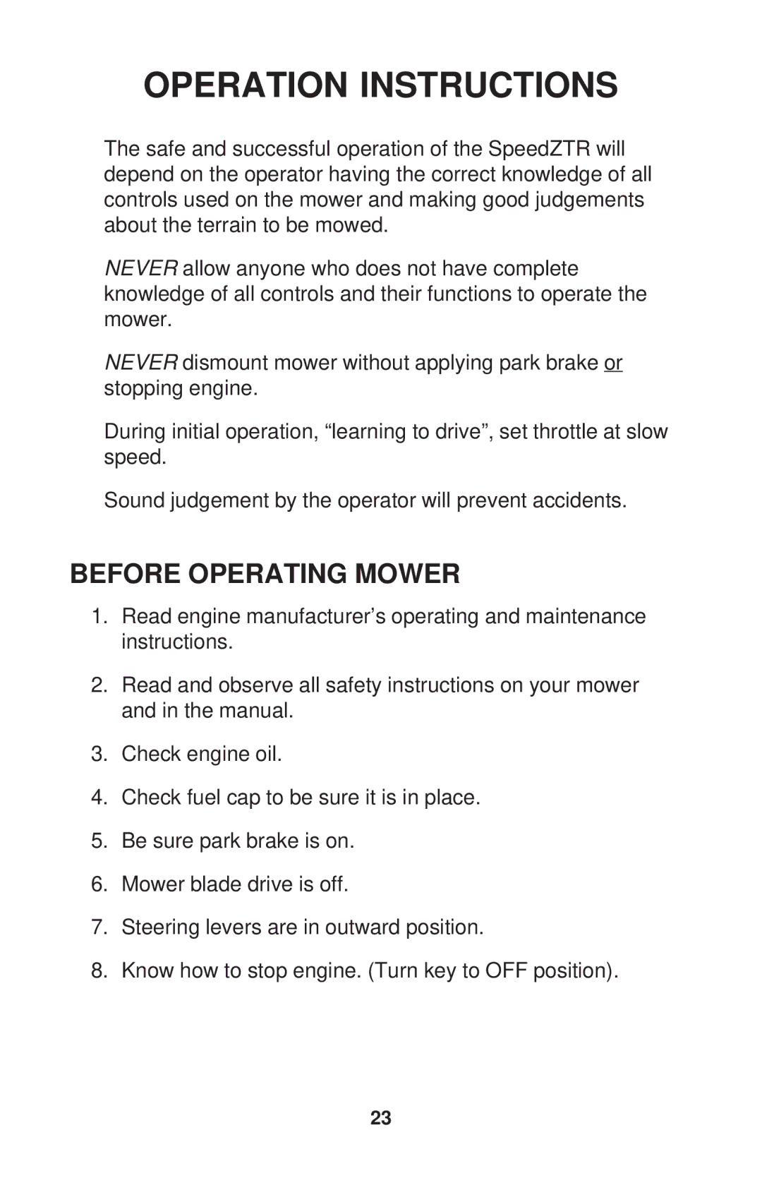 Dixon ZTR 34, ZTR 44, ZTR 34 manual Operation Instructions, Before Operating Mower 