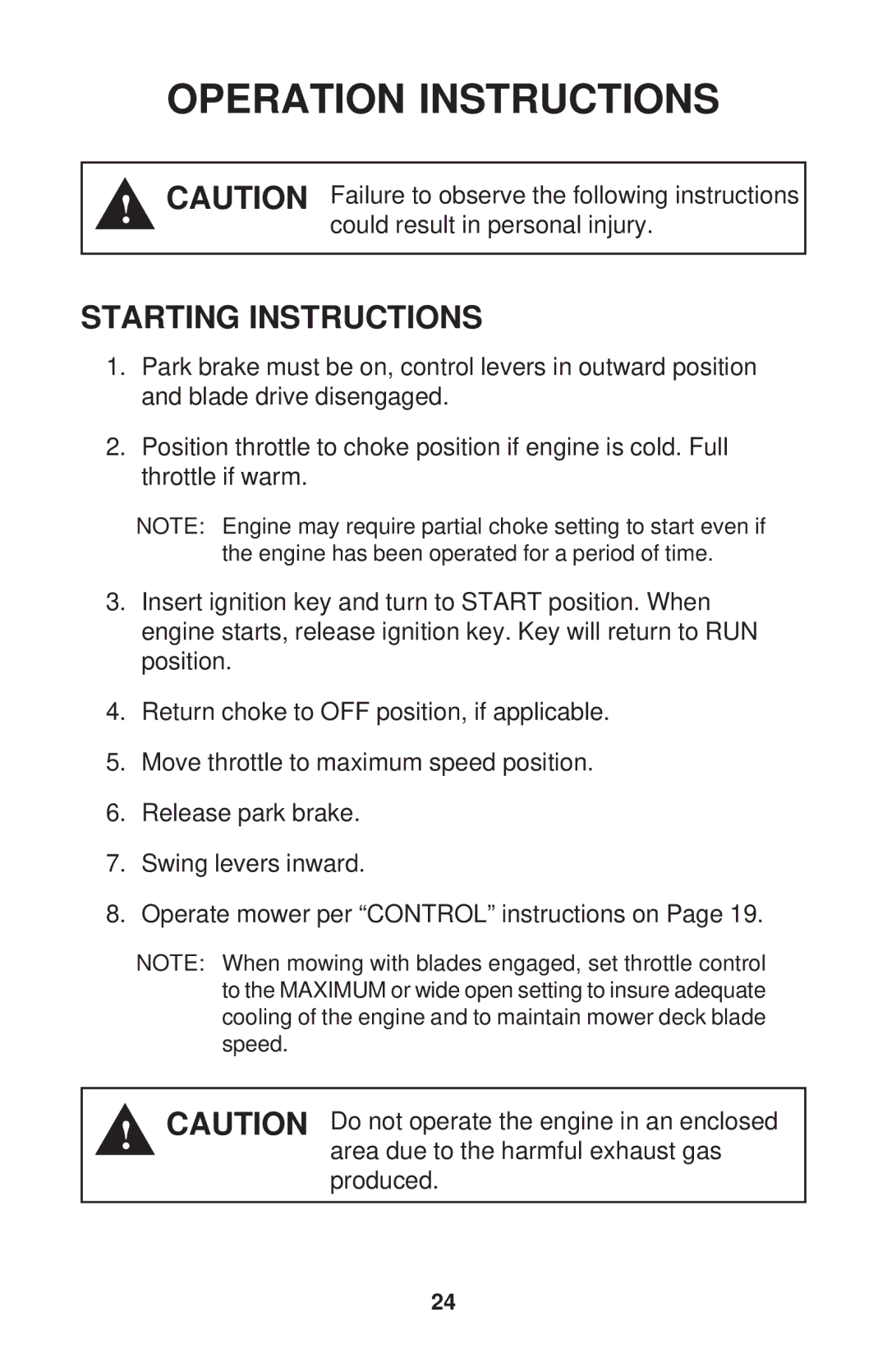 Dixon ZTR 34, ZTR 44, ZTR 34 manual Starting Instructions 