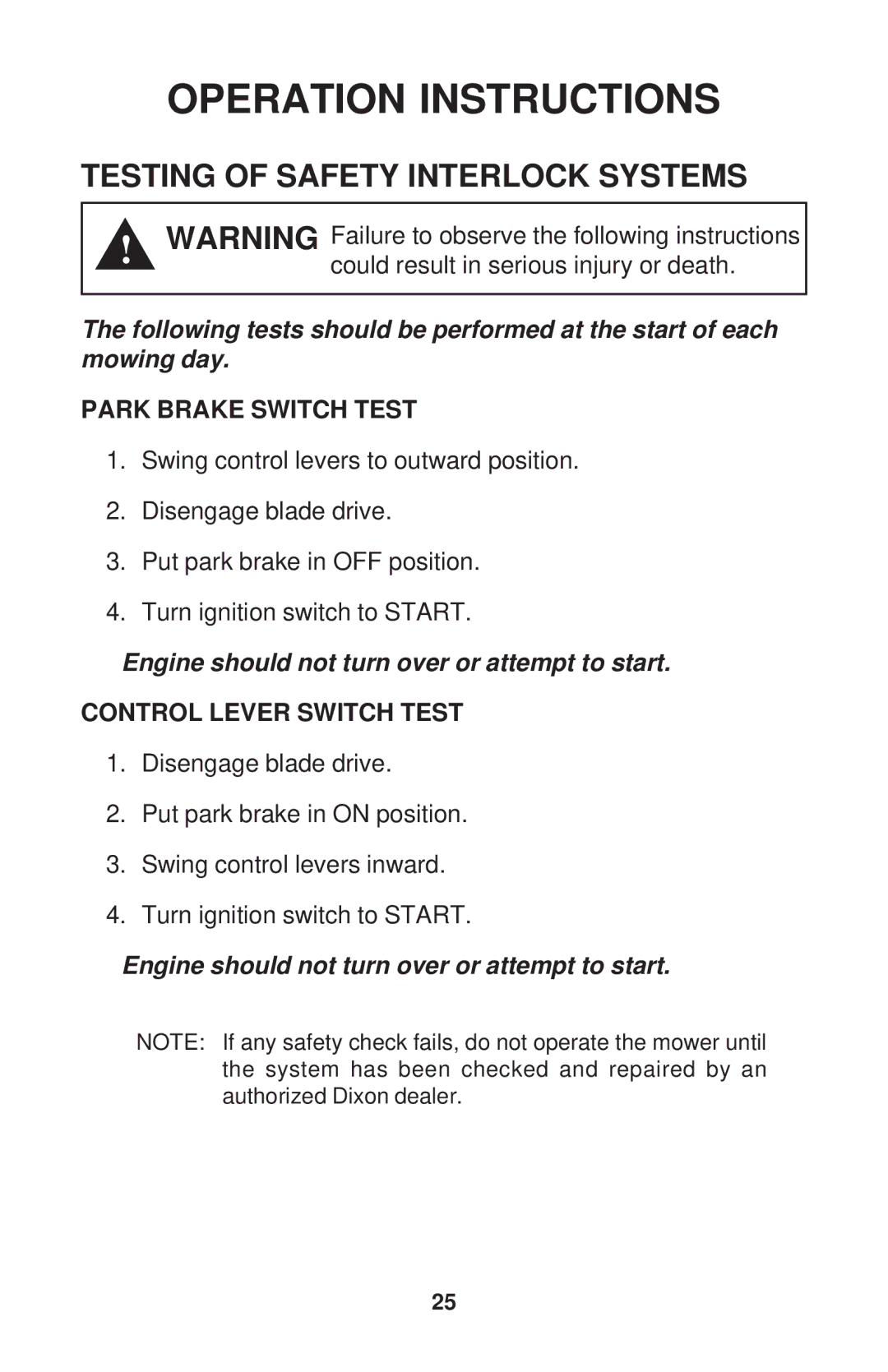 Dixon ZTR 34, ZTR 44, ZTR 34 manual Testing of Safety Interlock Systems, Park Brake Switch Test 