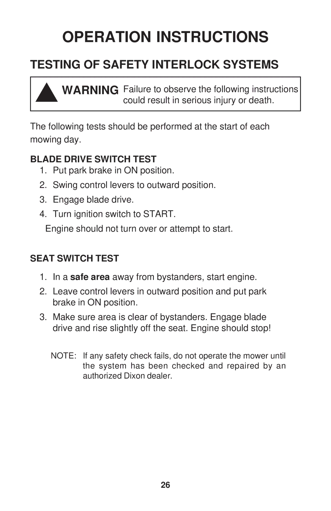 Dixon ZTR 34, ZTR 44, ZTR 34 manual Blade Drive Switch Test 