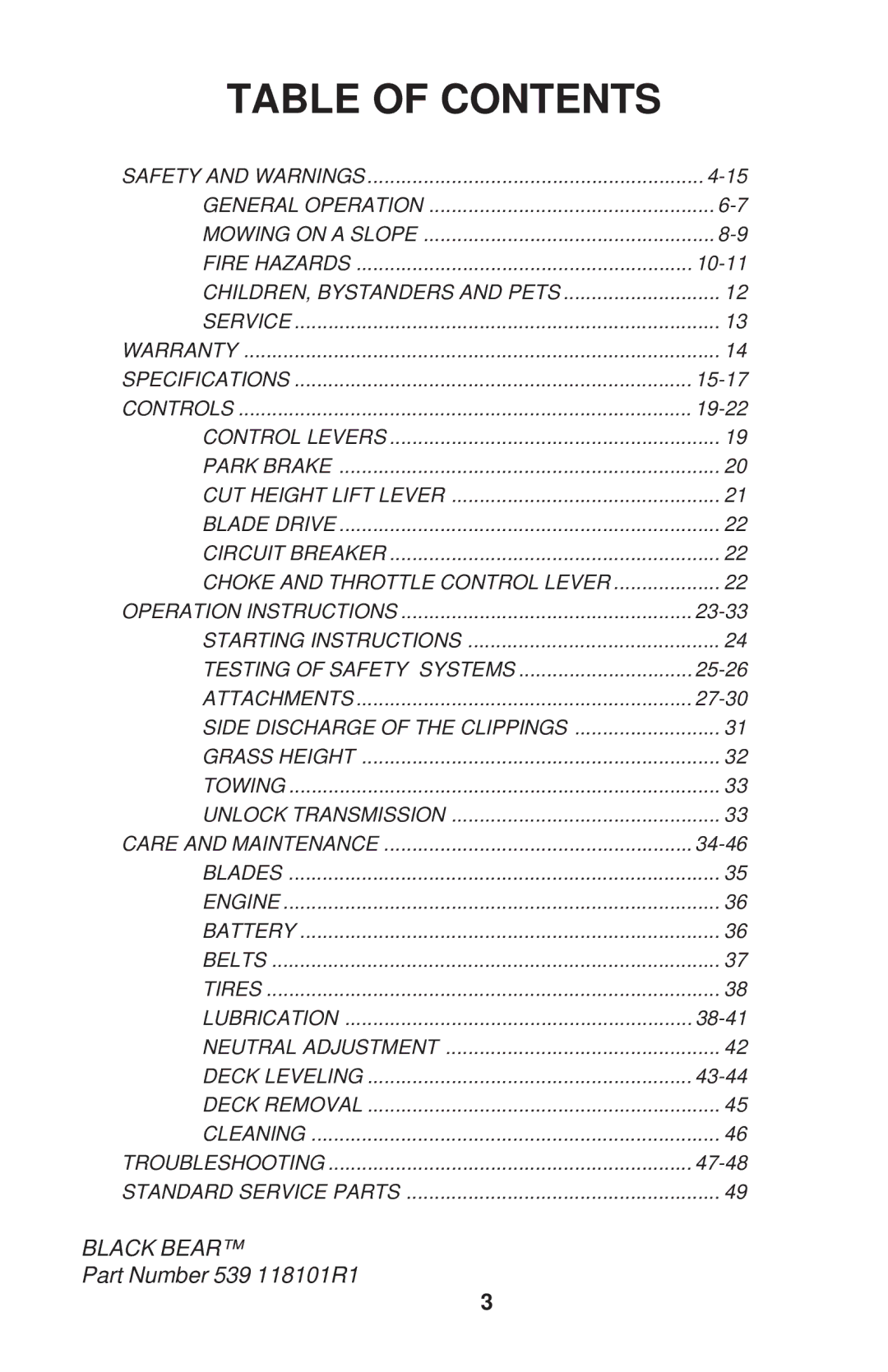 Dixon ZTR 34, ZTR 44, ZTR 34 manual Table of Contents 