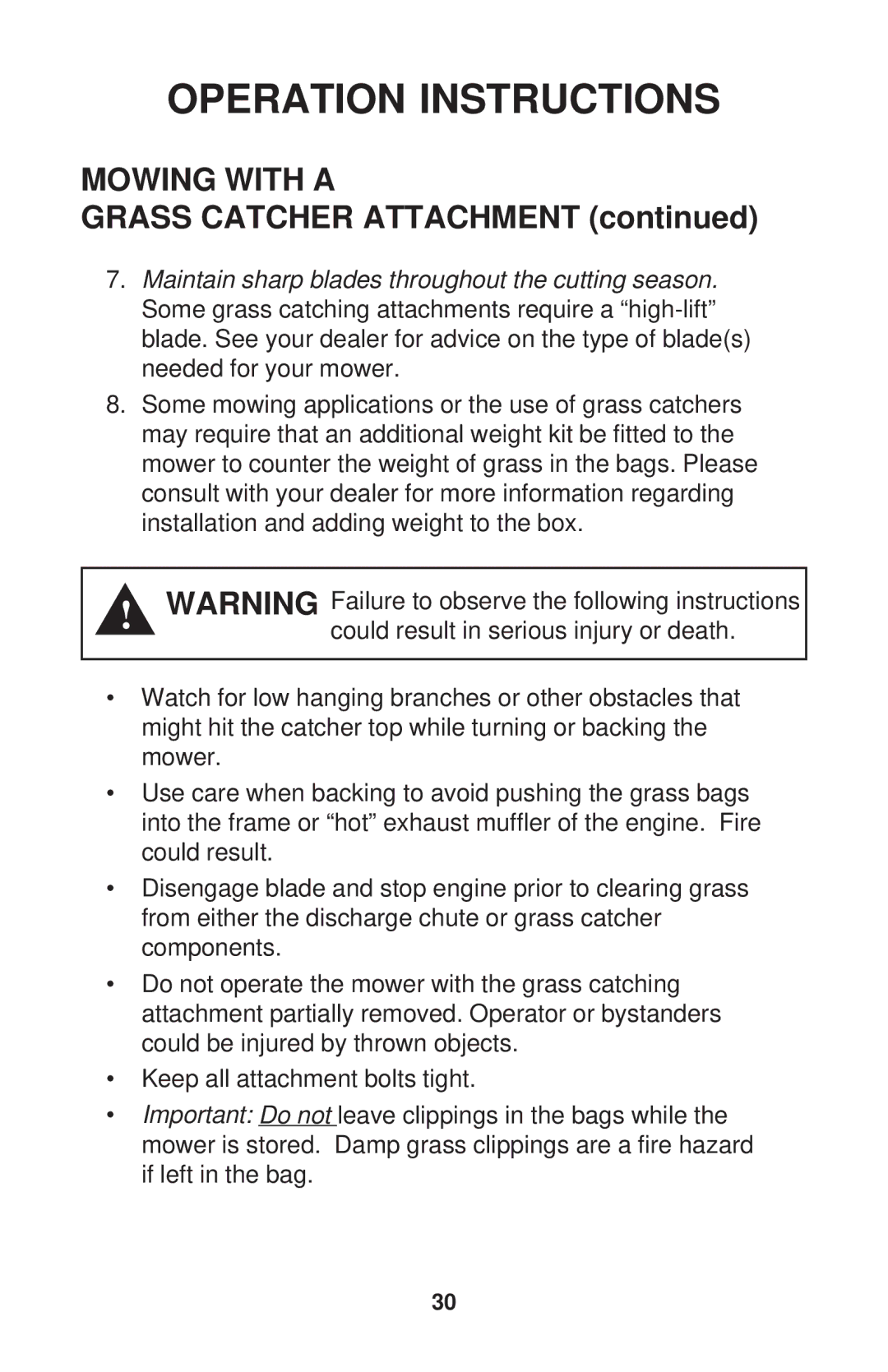 Dixon ZTR 34, ZTR 44, ZTR 34 manual Mowing with a, Grass Catcher Attachment 