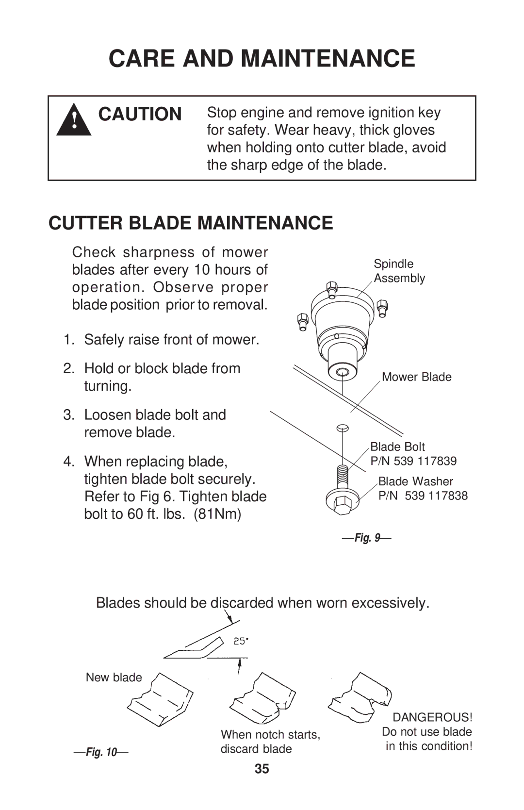 Dixon ZTR 34, ZTR 44, ZTR 34 manual Cutter Blade Maintenance 