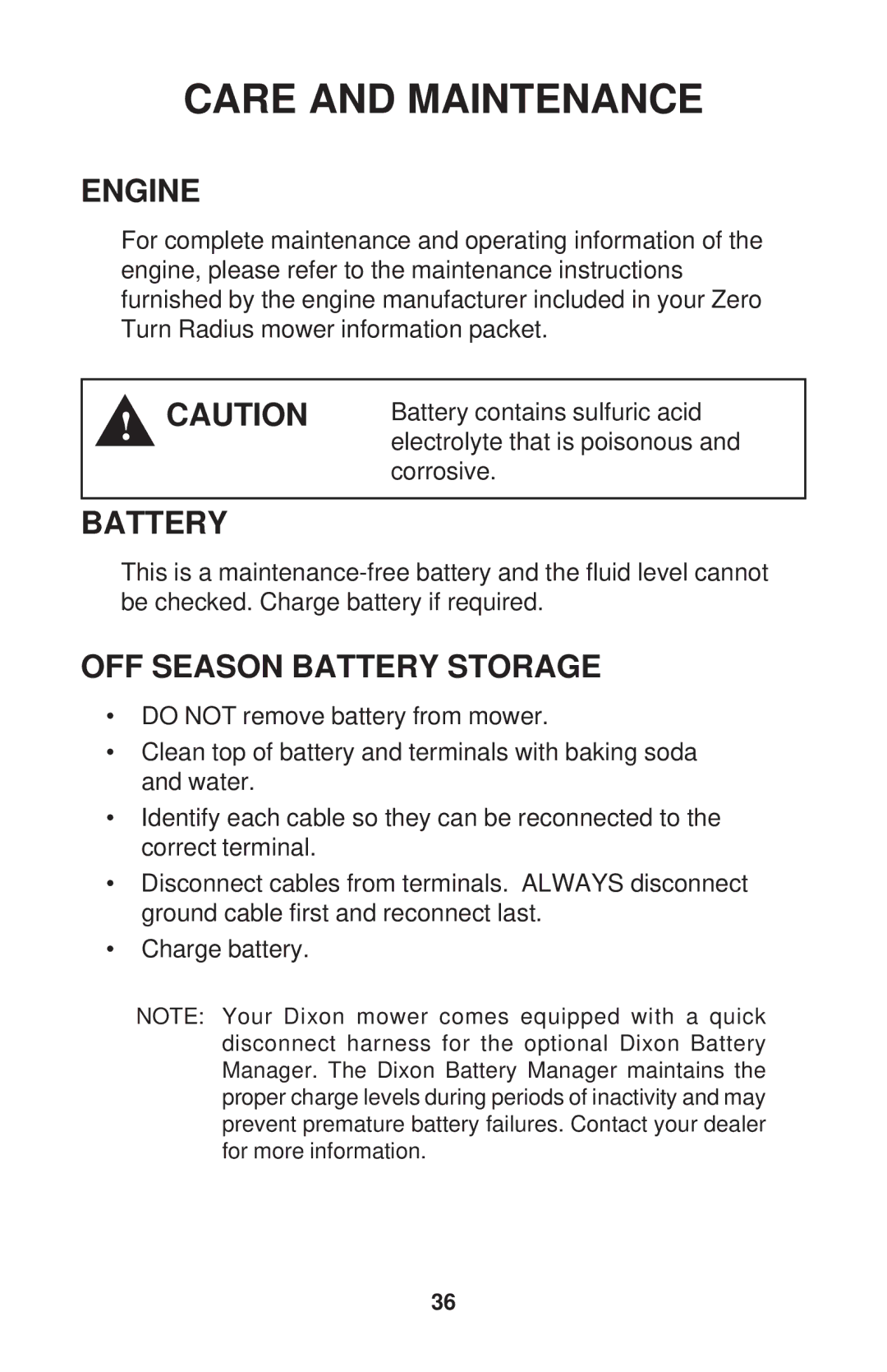 Dixon ZTR 34, ZTR 44, ZTR 34 manual Engine, OFF Season Battery Storage 