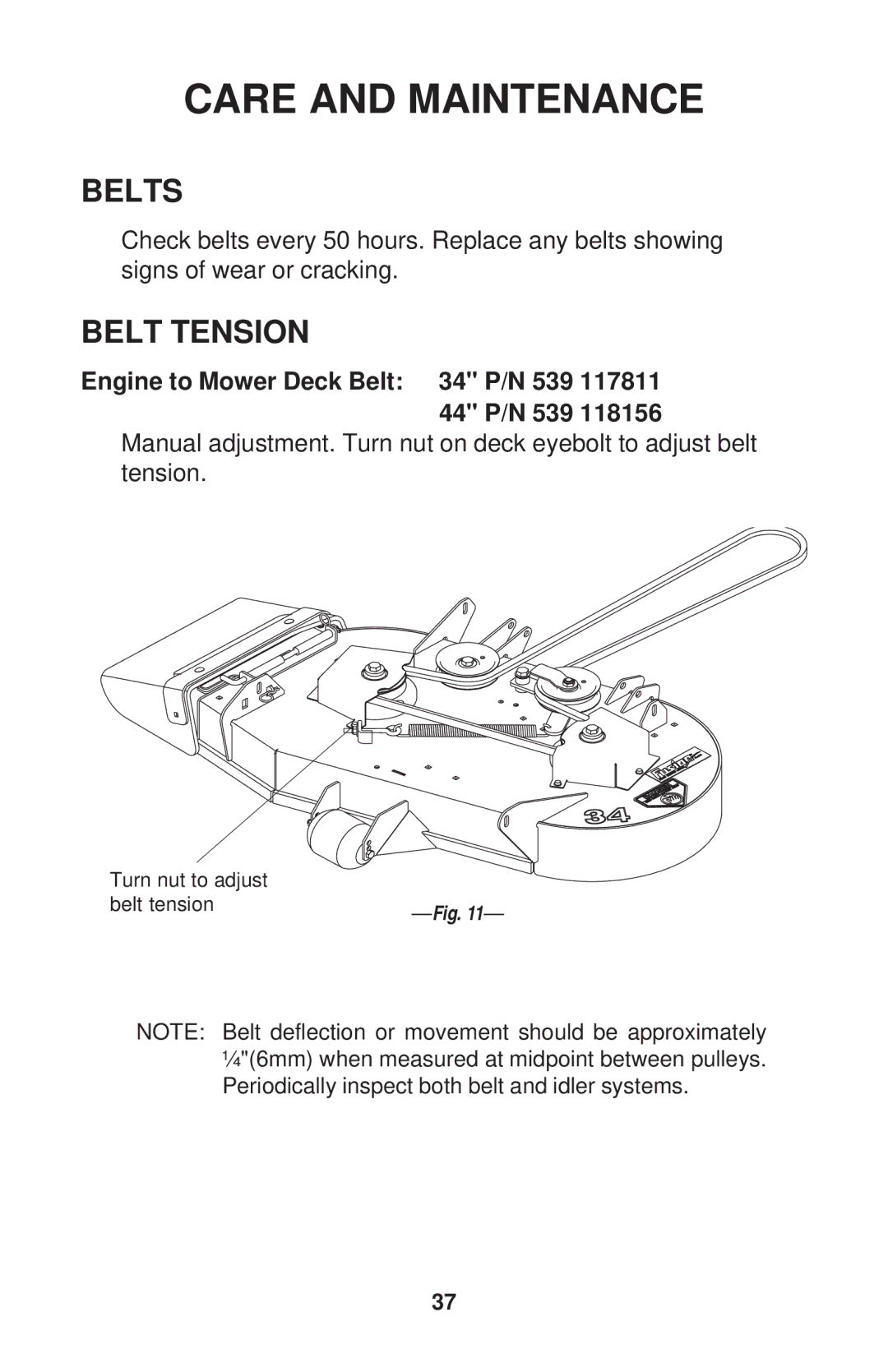 Dixon ZTR 34, ZTR 44, ZTR 34 manual Belts, Belt Tension 