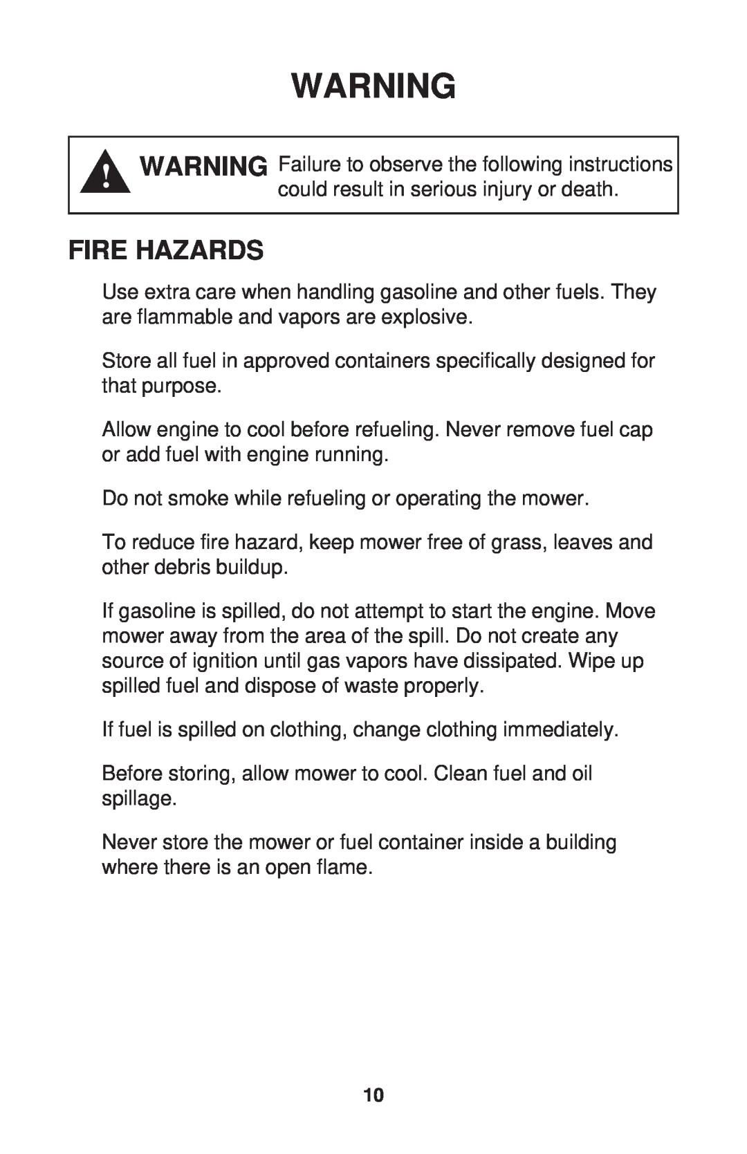 Dixon ZTR 34, ZTR 44, ZTR 34 manual Fire Hazards 