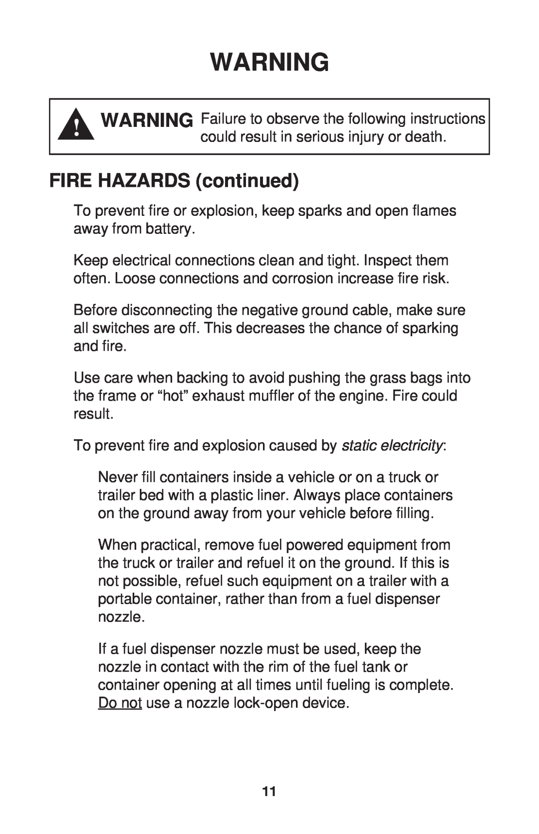 Dixon ZTR 34, ZTR 44, ZTR 34 manual FIRE HAZARDS continued 
