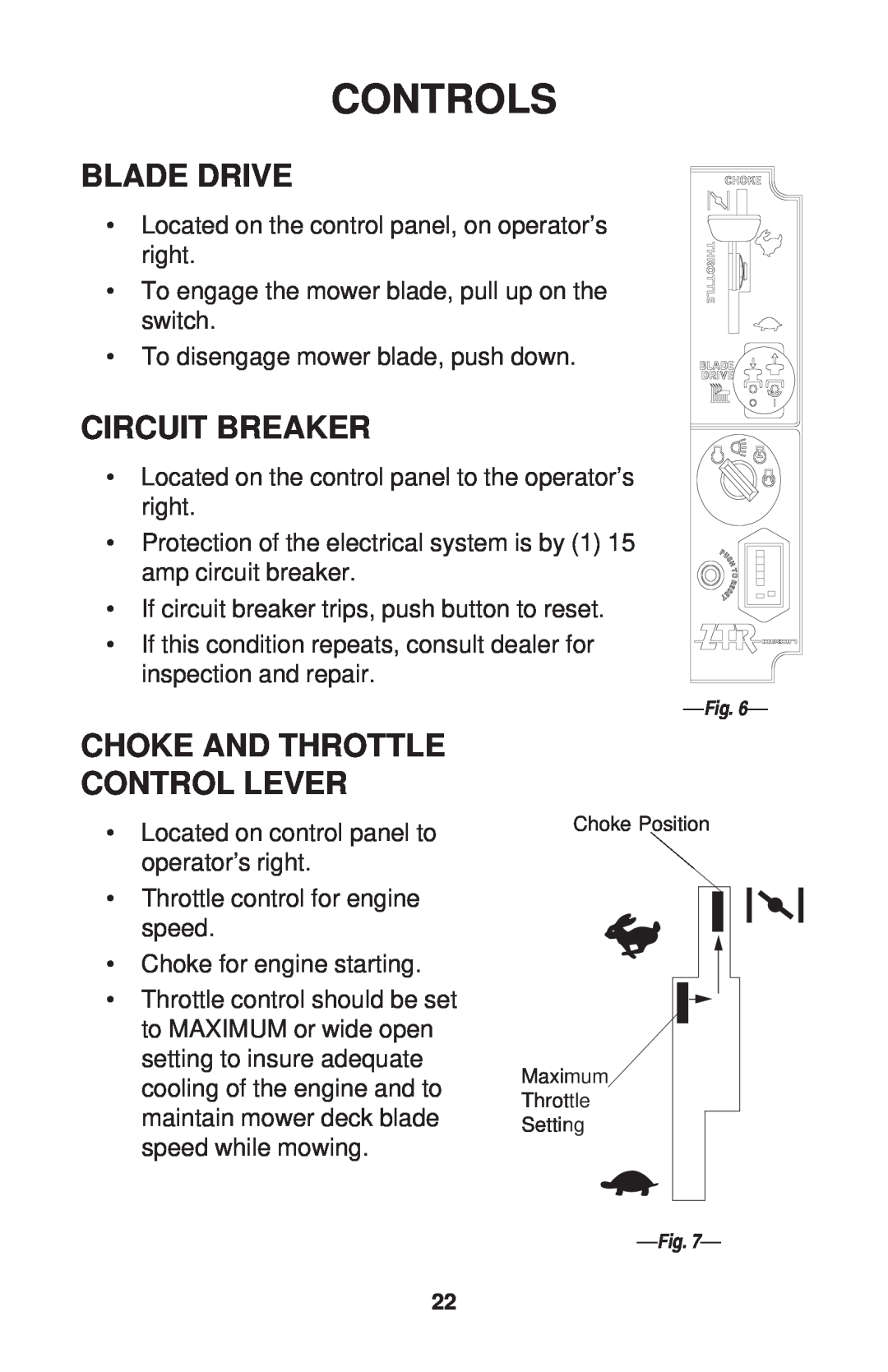 Dixon ZTR 34, ZTR 44, ZTR 34 manual Blade Drive, Circuit Breaker, Controls, Choke And Throttle Control Lever 