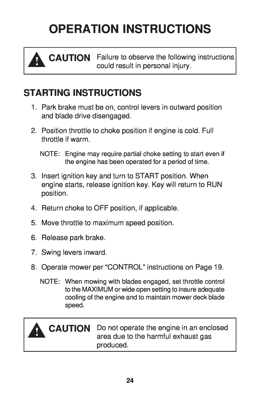 Dixon ZTR 34, ZTR 44, ZTR 34 manual Starting Instructions, Operation Instructions 
