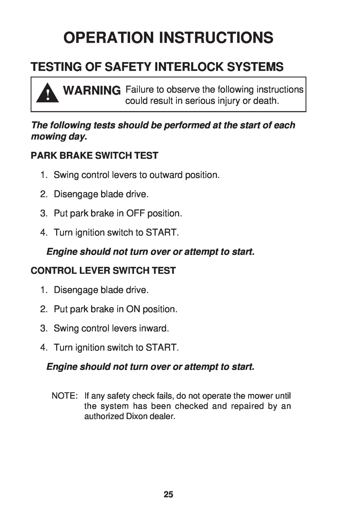 Dixon ZTR 34, ZTR 44, ZTR 34 manual Testing Of Safety Interlock Systems, Operation Instructions, Park Brake Switch Test 