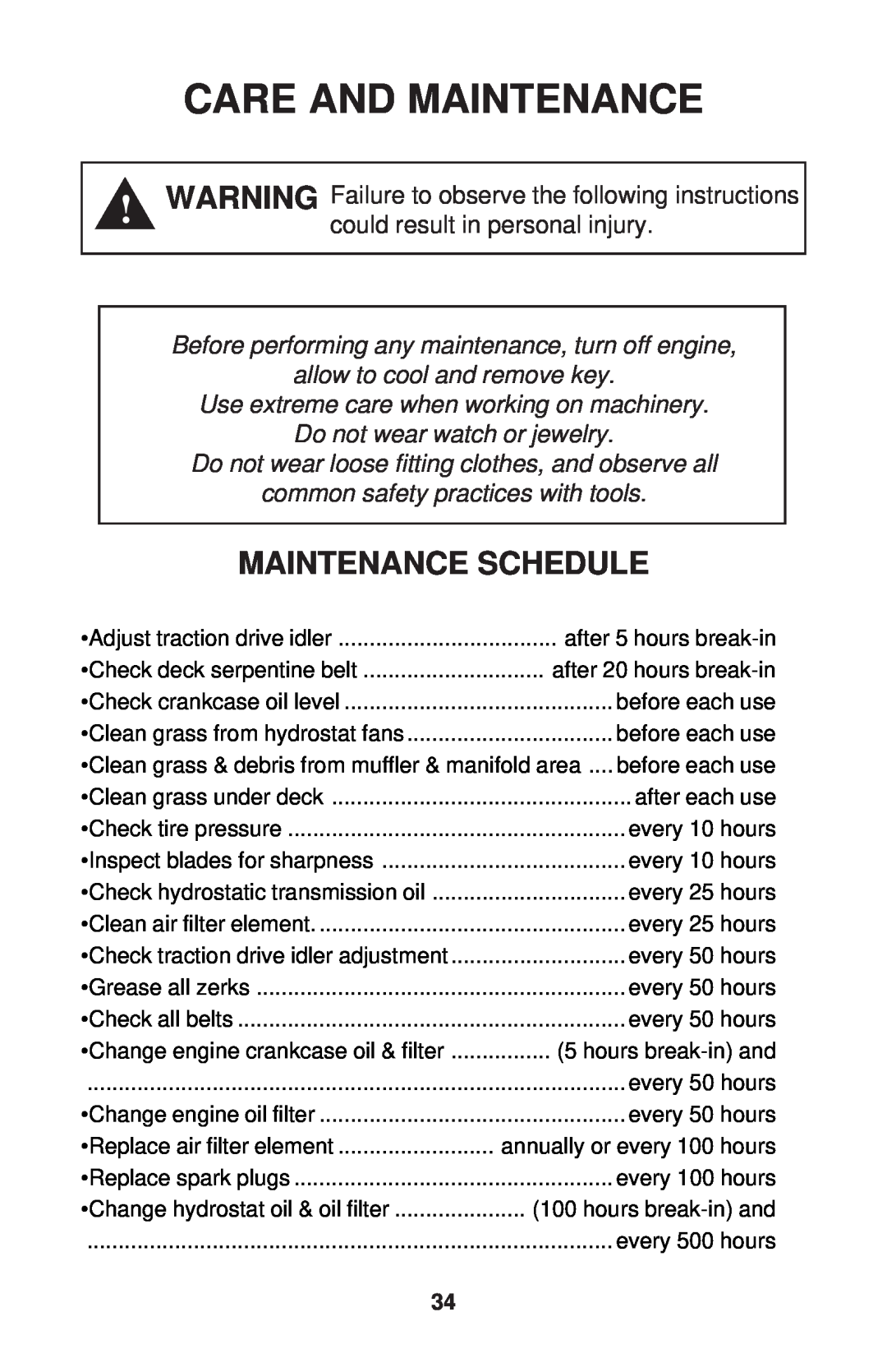 Dixon ZTR 34, ZTR 44, ZTR 34 manual Care And Maintenance, Maintenance Schedule 