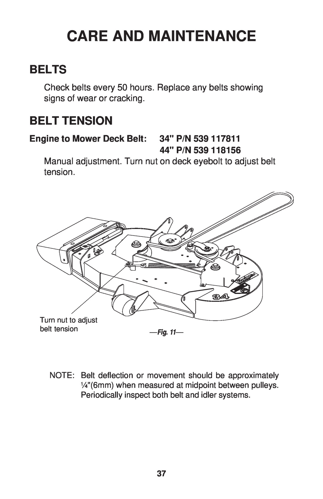 Dixon ZTR 34, ZTR 44, ZTR 34 Belts, Belt Tension, Care And Maintenance, Engine to Mower Deck Belt 34 P/N 539 117811 44 P/N 
