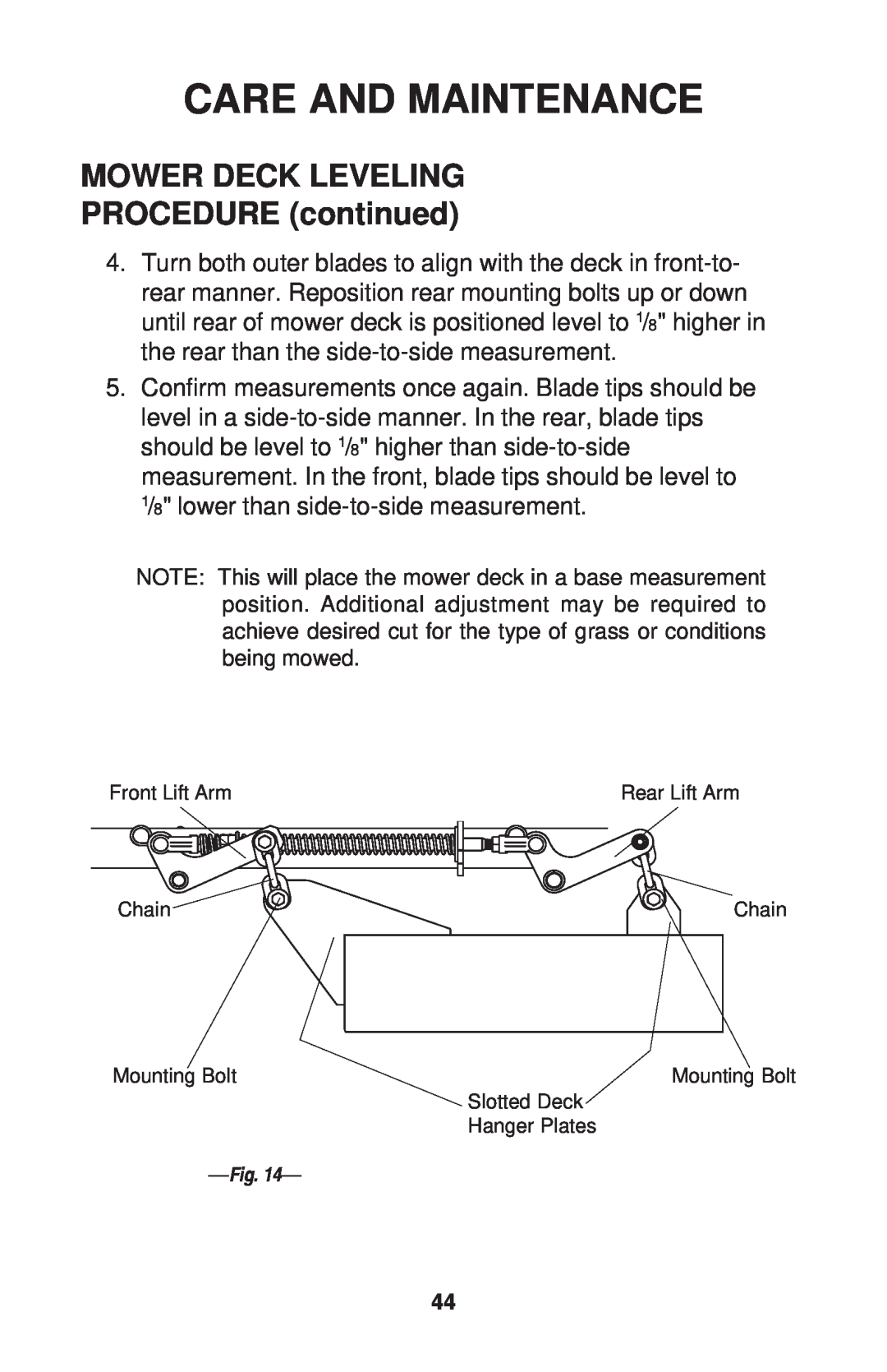 Dixon ZTR 34, ZTR 44, ZTR 34 manual MOWER DECK LEVELING PROCEDURE continued, Care And Maintenance, Chain 