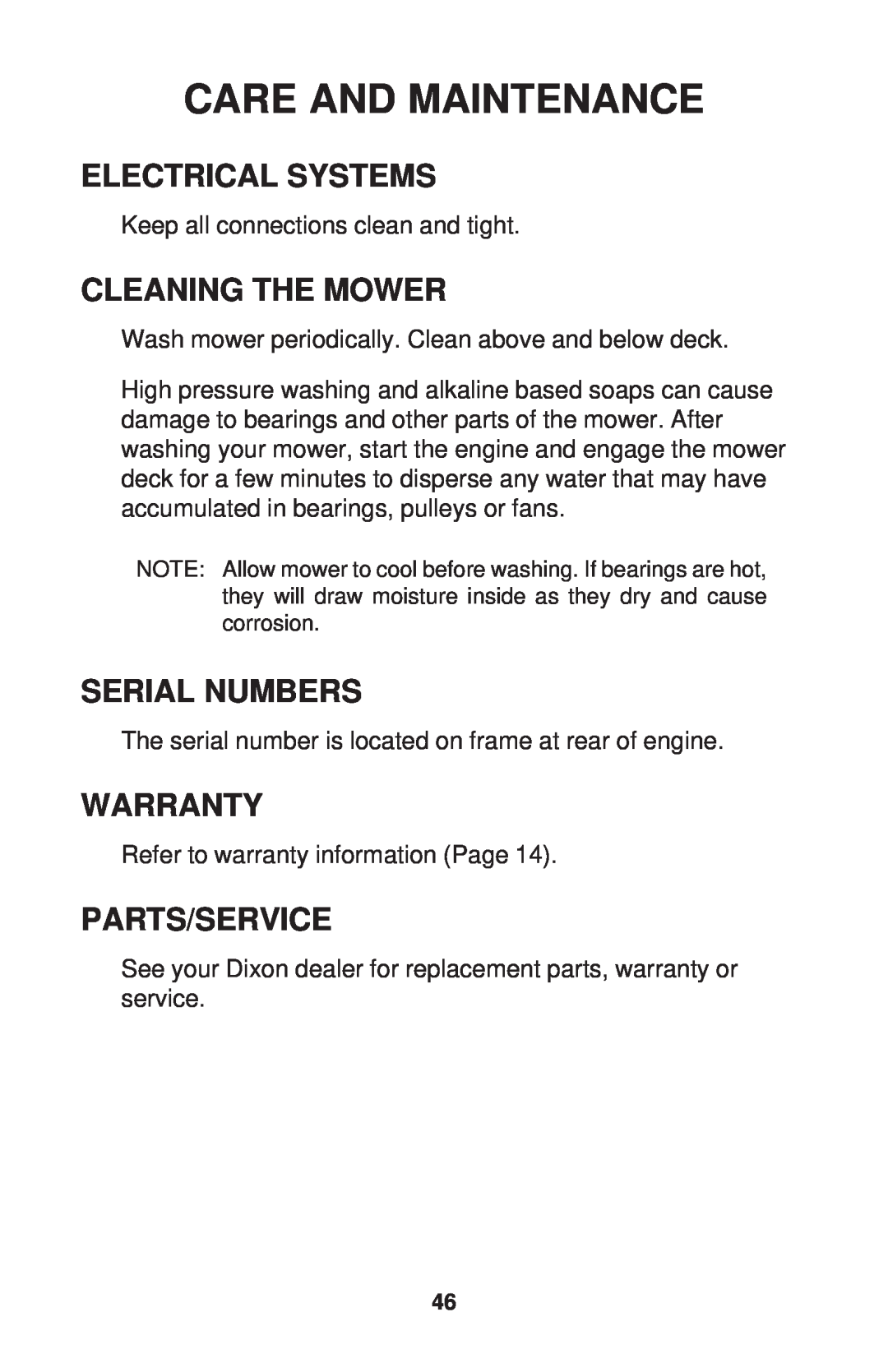 Dixon ZTR 34, ZTR 44, ZTR 34 manual Electrical Systems, Cleaning The Mower, Serial Numbers, Warranty, Parts/Service 