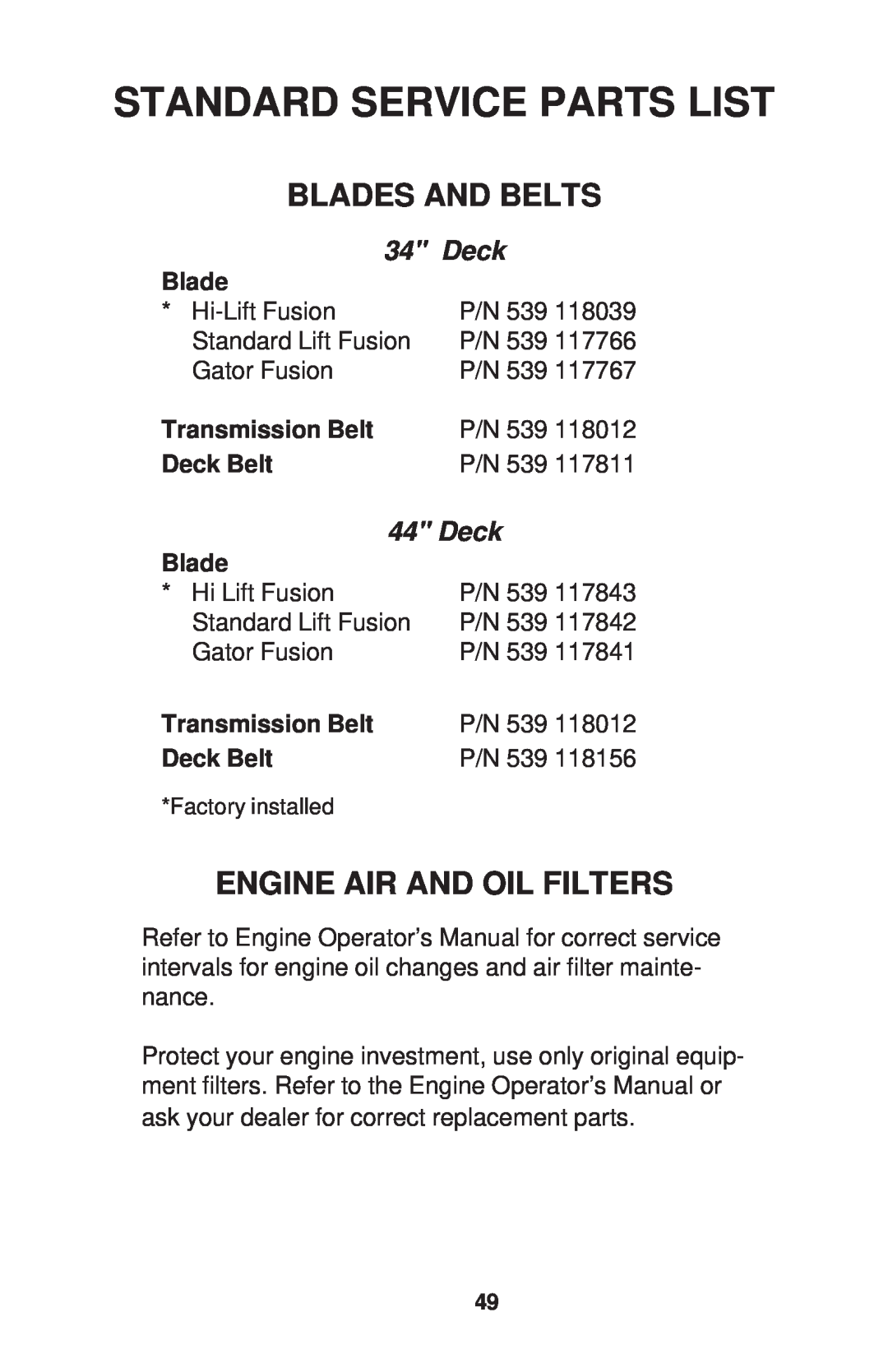Dixon ZTR 34, ZTR 44, ZTR 34 Standard Service Parts List, Blades And Belts, Engine Air And Oil Filters, Transmission Belt 