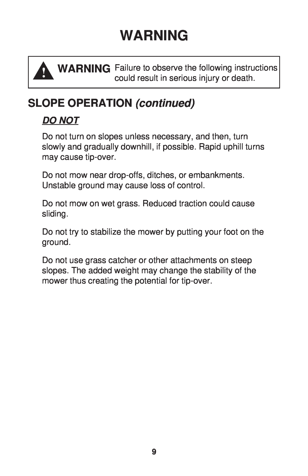 Dixon ZTR 34, ZTR 44, ZTR 34 manual SLOPE OPERATION continued, Do Not 