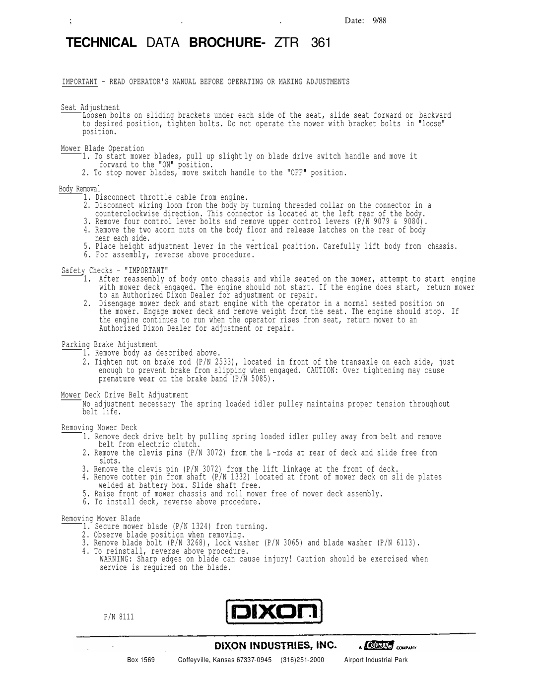 Dixon ZTR 361 brochure Technical Data BROCHURE- ZTR 