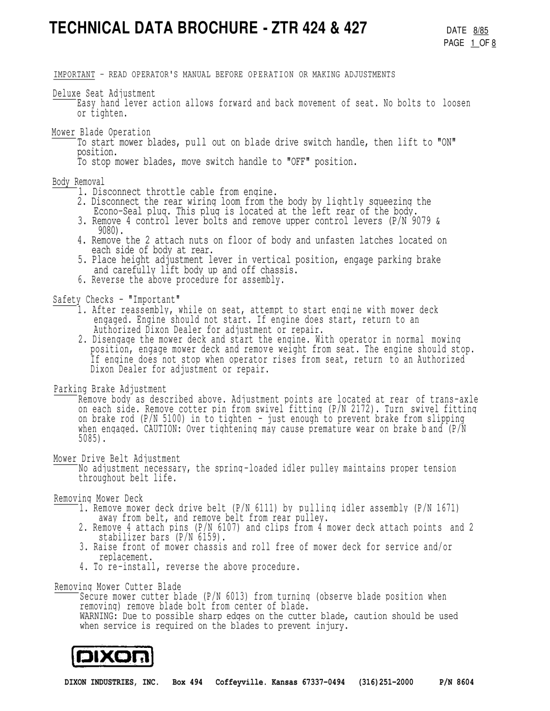 Dixon ZTR 427 brochure Technical Data Brochure ZTR 424 