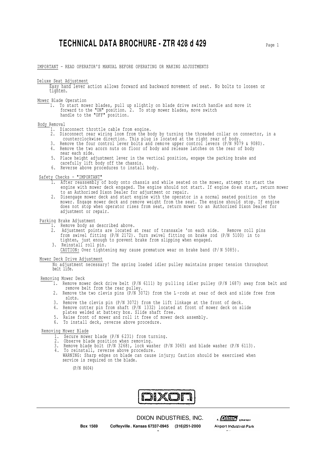 Dixon ZTR 428 D 429 brochure Technical Data Brochure ZTR 428 d 