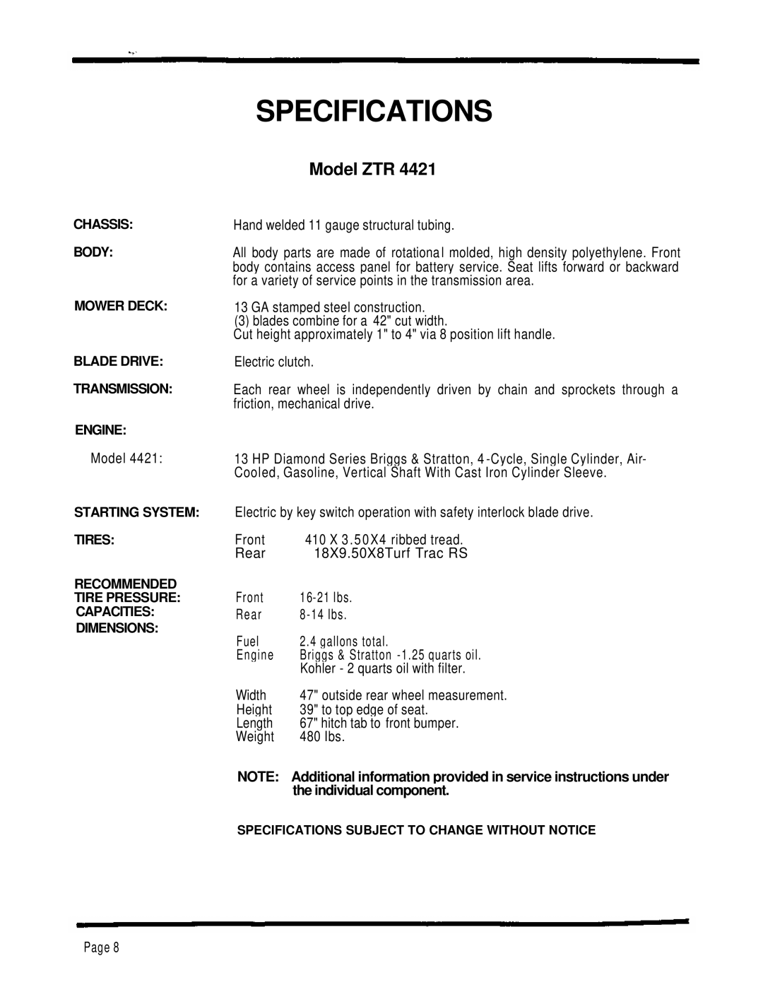 Dixon ZTR 4424 manual Specifications 