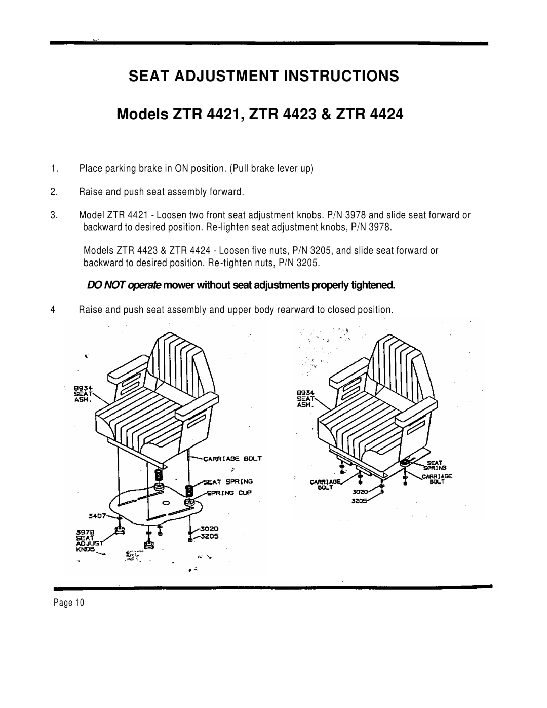 Dixon ZTR 4424 manual Seat Adjustment Instructions, Models ZTR 4421, ZTR 4423 & ZTR 