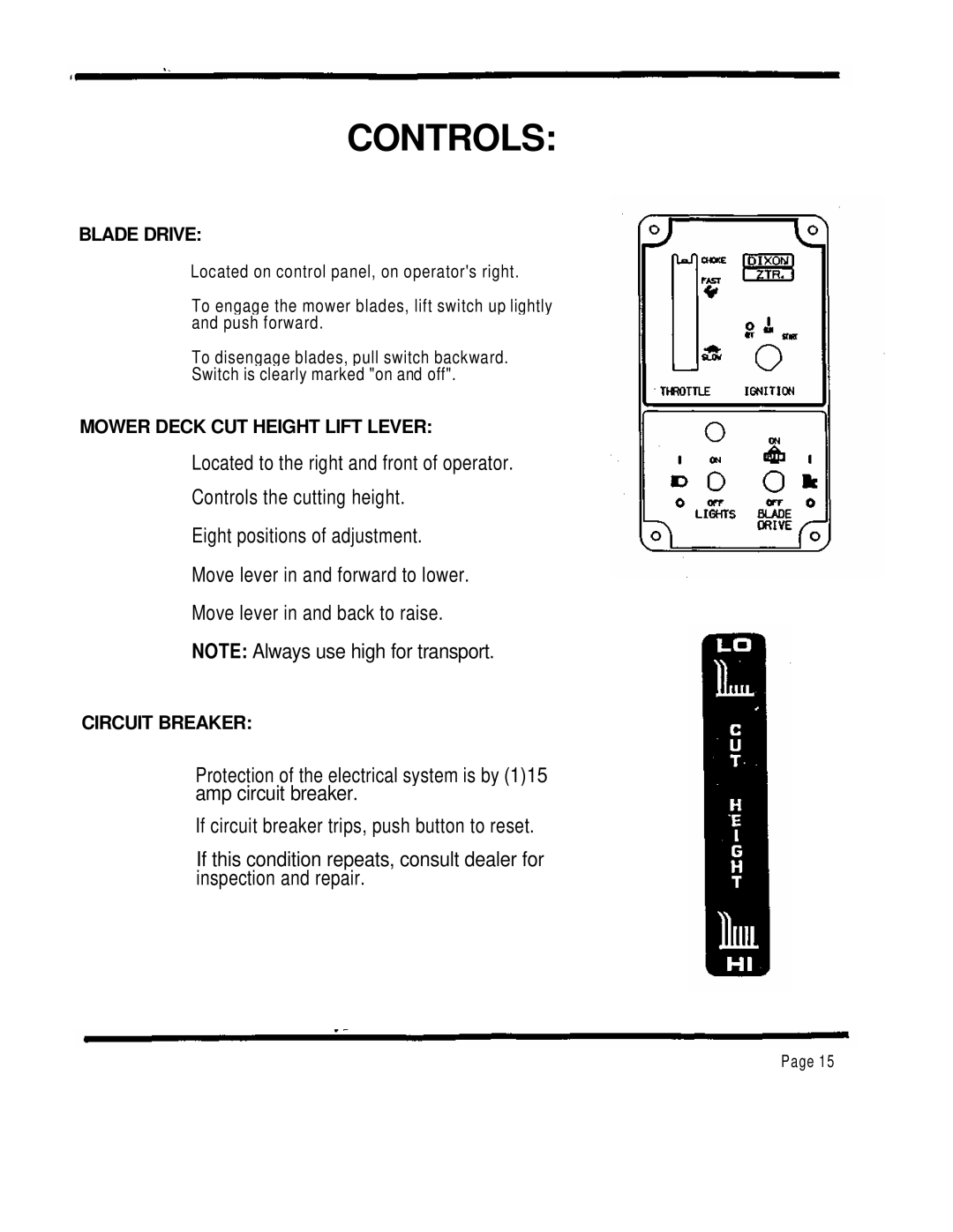 Dixon ZTR 4424 manual Blade Drive, Mower Deck CUT Height Lift Lever, Circuit Breaker 