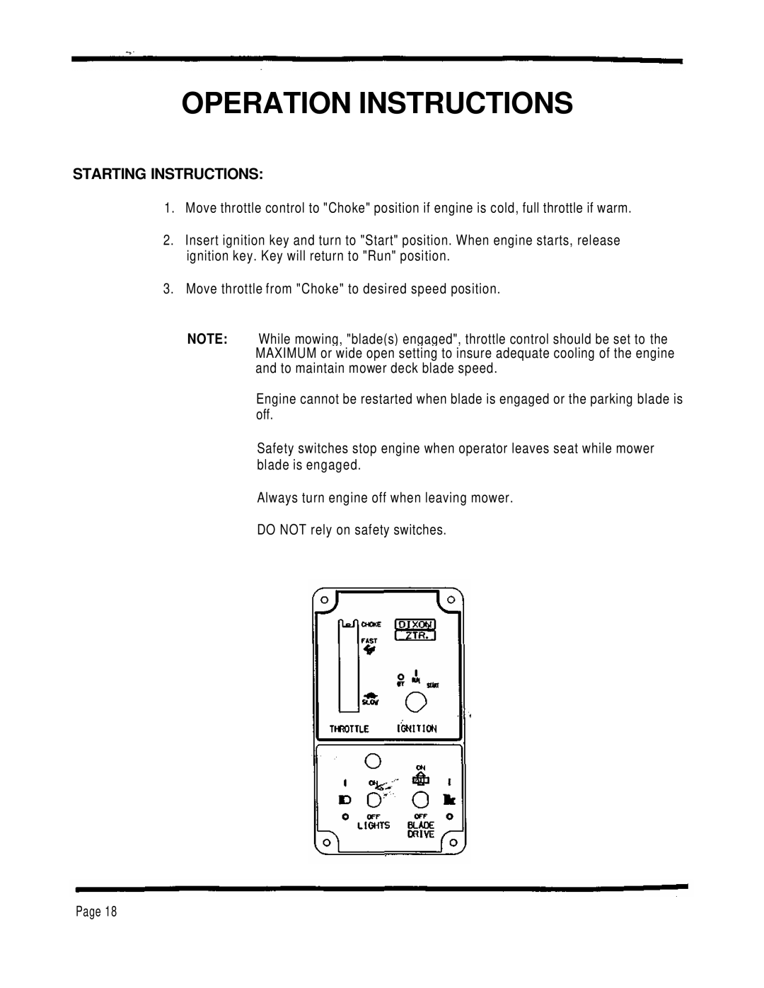 Dixon ZTR 4424 manual Operation Instructions, Starting Instructions 