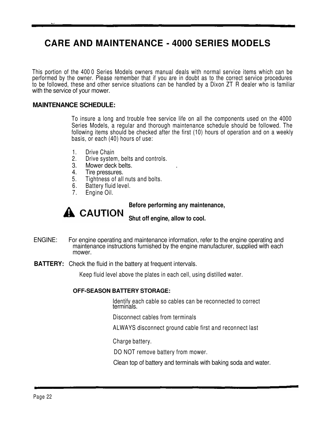 Dixon ZTR 4424 manual Care and Maintenance 4000 Series Models, Maintenance Schedule 