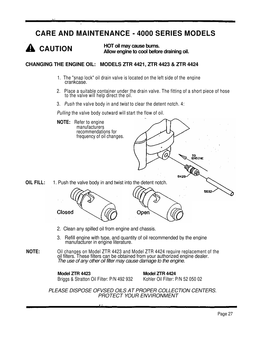 Dixon ZTR 4424 manual Changing the Engine OIL Models ZTR 4421, ZTR 4423 & ZTR 