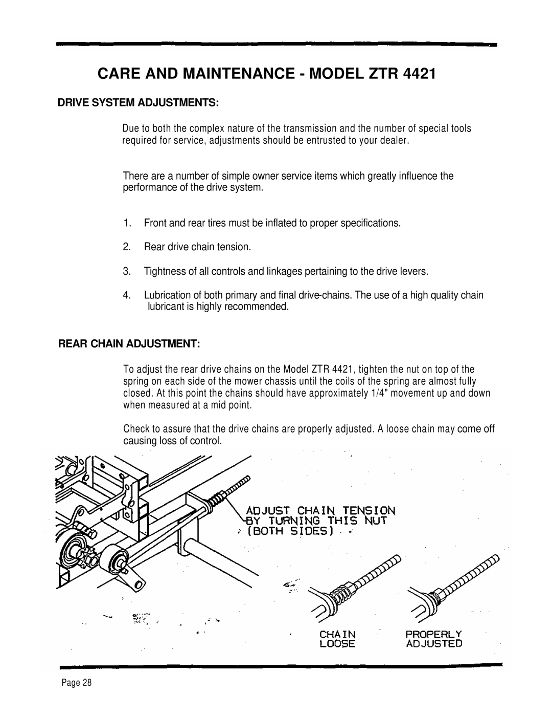 Dixon ZTR 4424 manual Care and Maintenance Model ZTR, Drive System Adjustments, Rear Chain Adjustment 