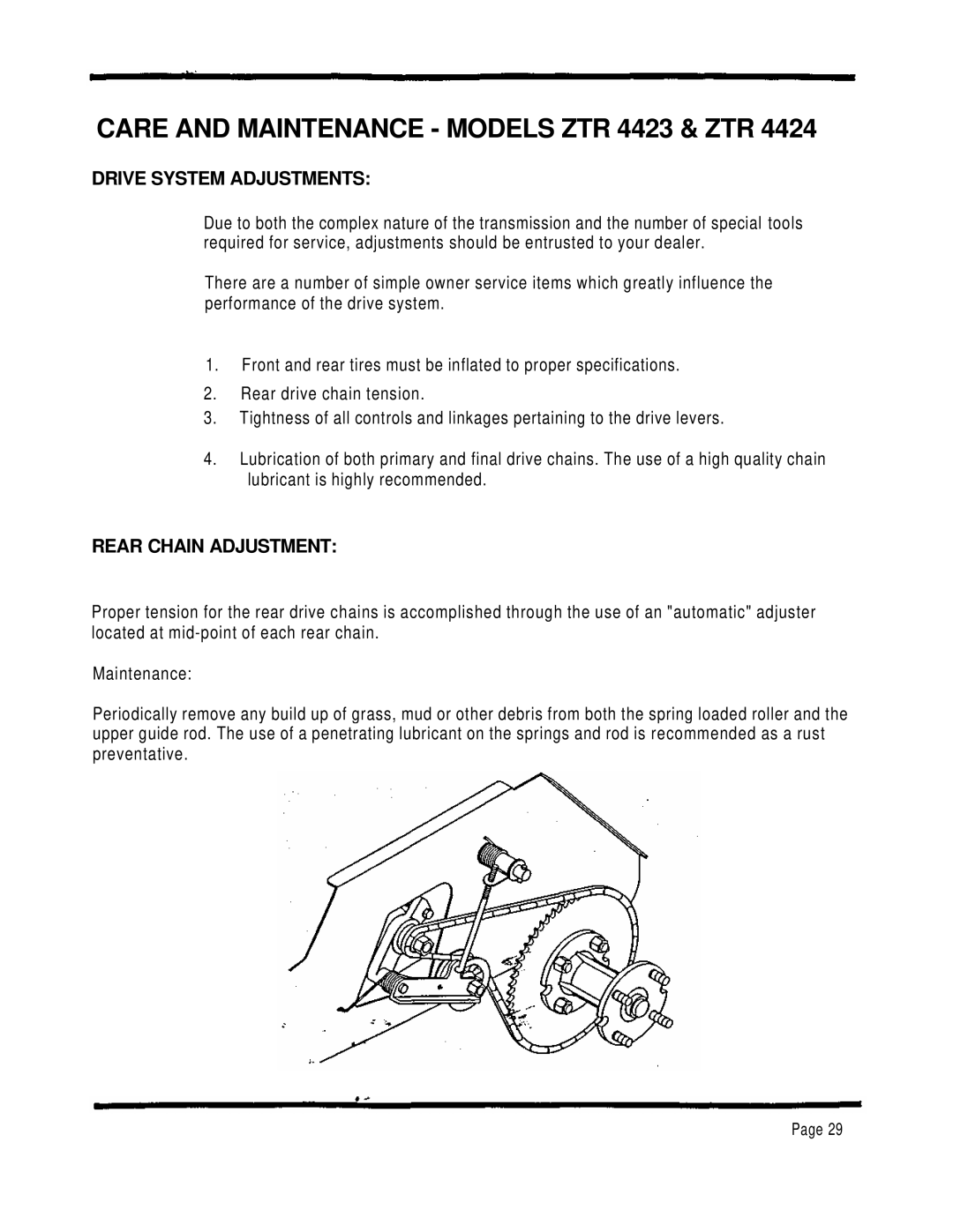 Dixon ZTR 4424 manual Care and Maintenance Models ZTR 4423 & ZTR 