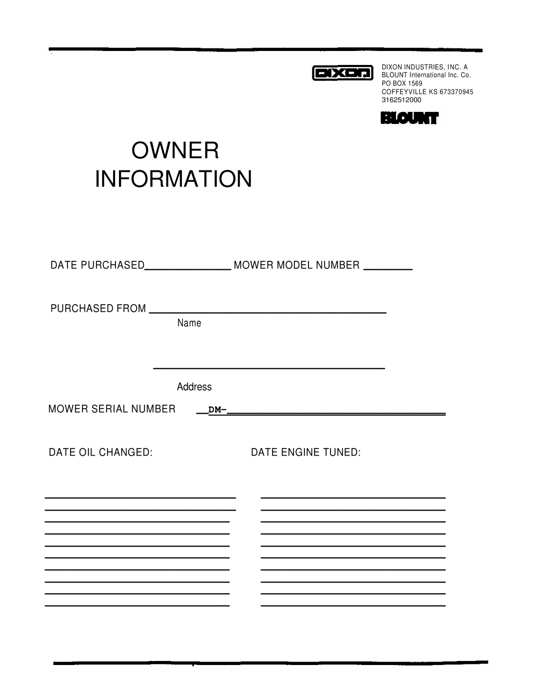 Dixon ZTR 4424 manual Owner Information, Mower Serial Number Date OIL Changed Date Engine Tuned 