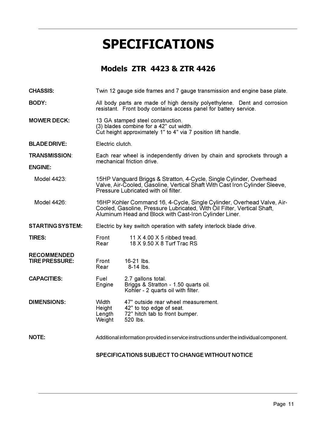 Dixon 8950-598, ZTR 4426 manual Specifications 