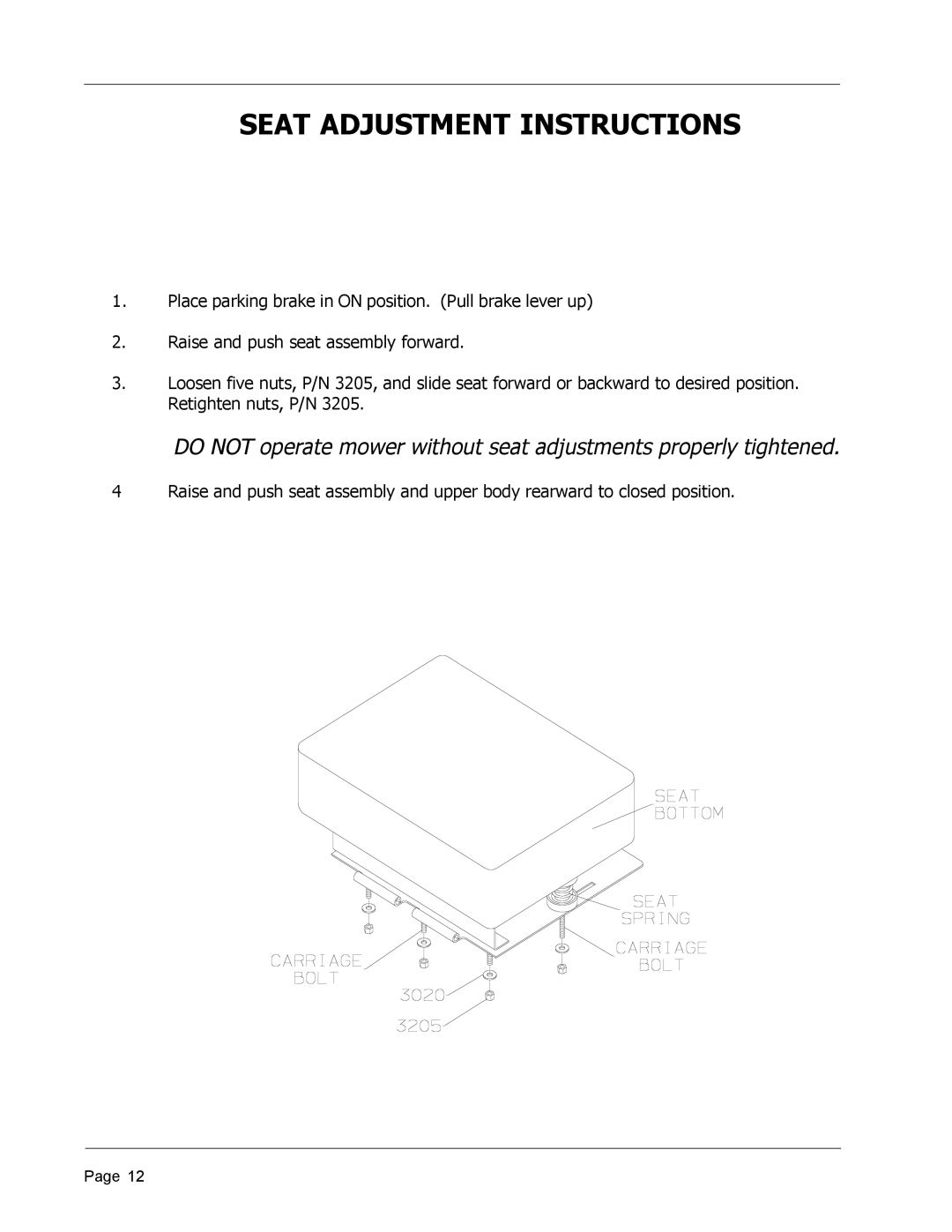 Dixon ZTR 4426, 8950-598 manual Seat Adjustment Instructions 