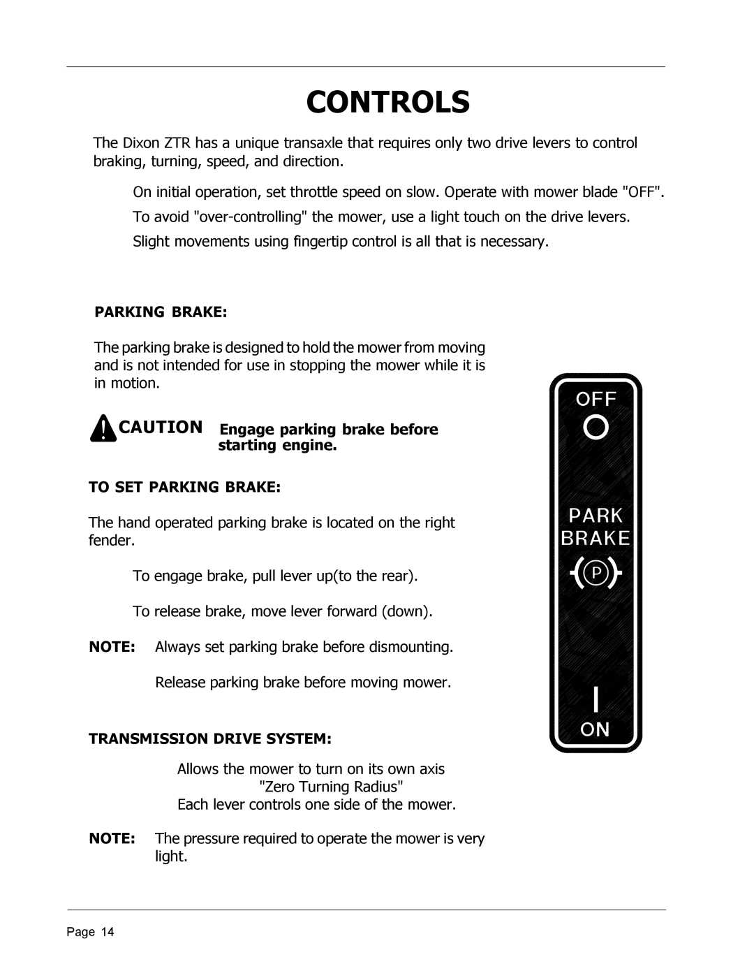 Dixon ZTR 4426, 8950-598 manual To SET Parking Brake, Transmission Drive System 