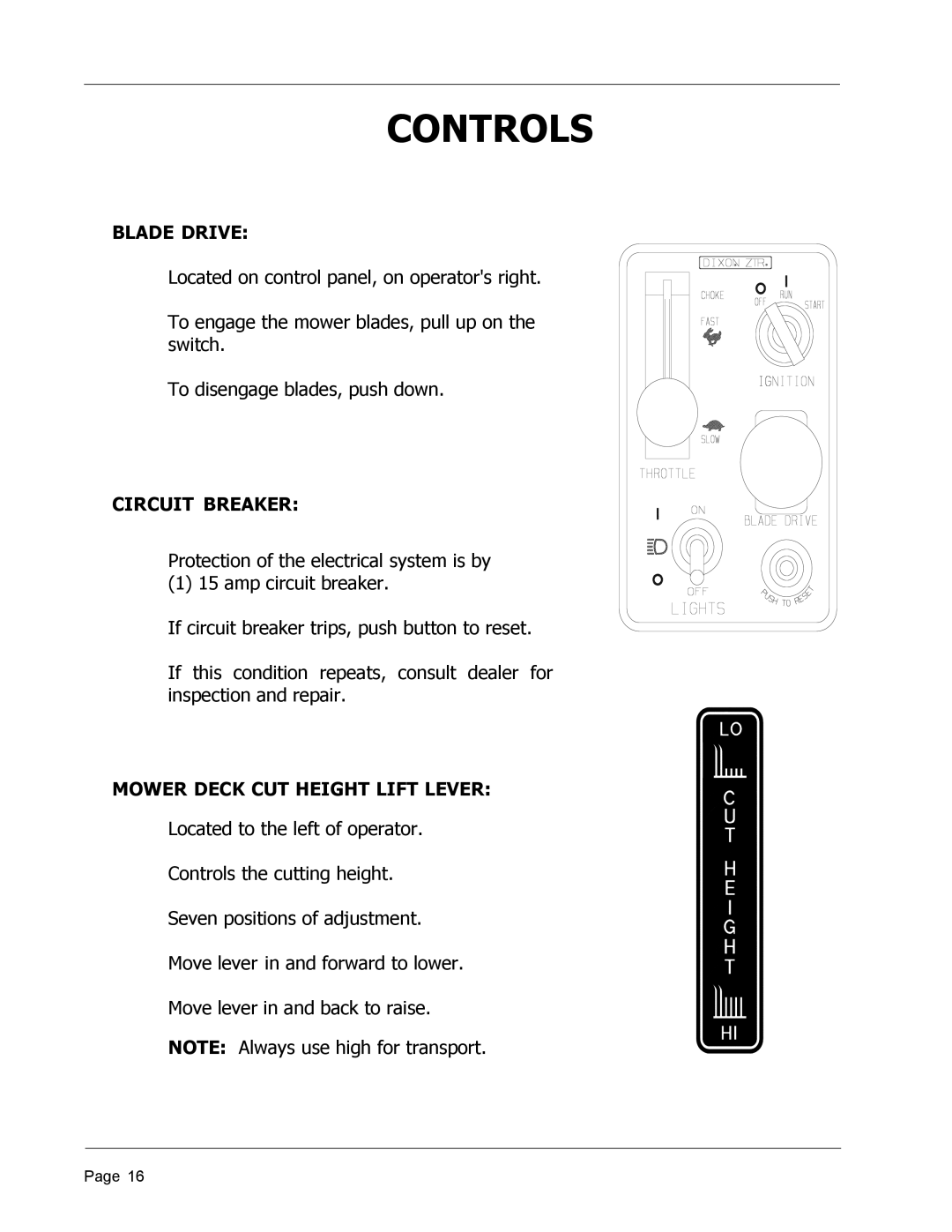 Dixon ZTR 4426, 8950-598 manual Blade Drive, Circuit Breaker, Mower Deck CUT Height Lift Lever 