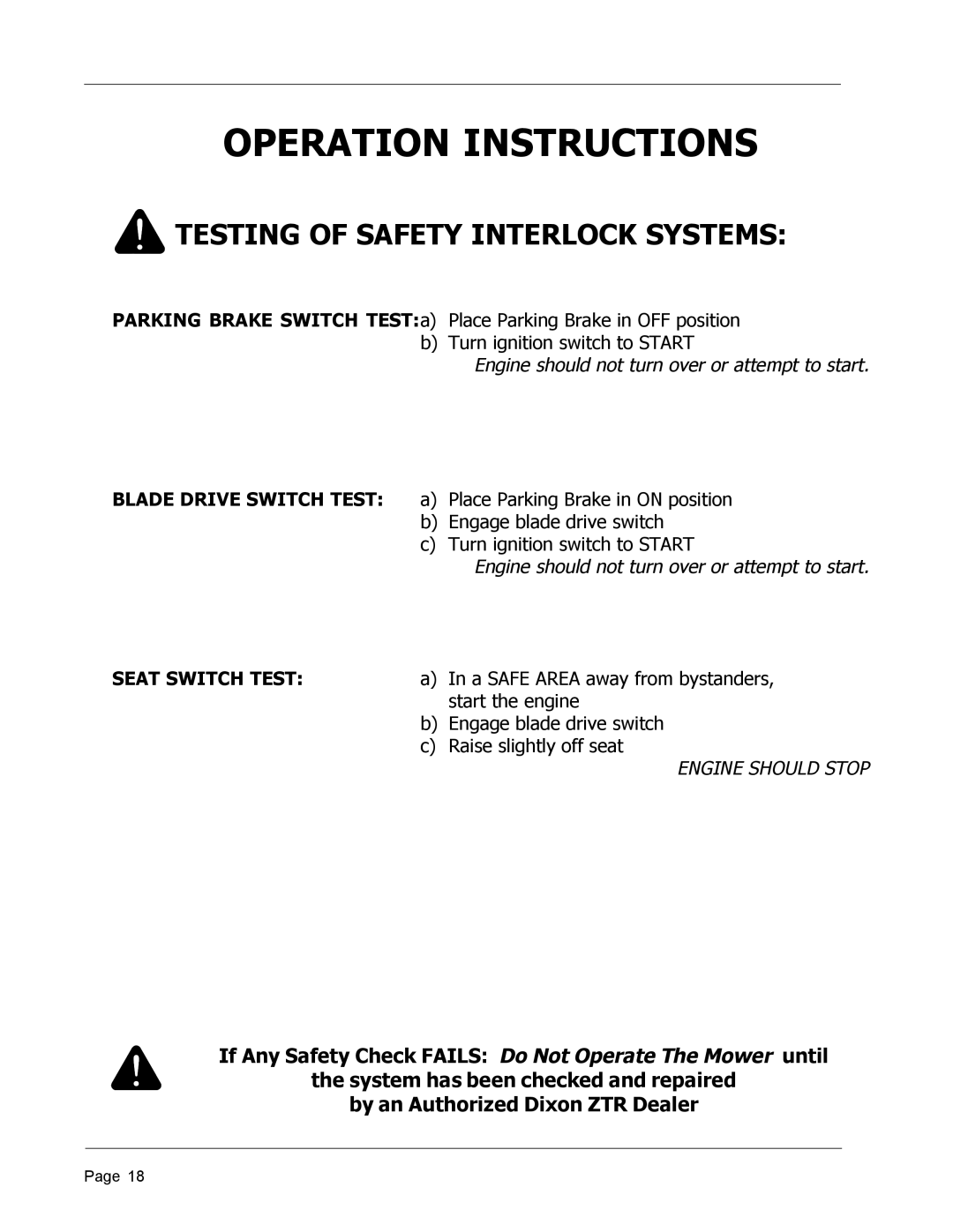 Dixon ZTR 4426, 8950-598 manual Testing of Safety Interlock Systems, Engine should not turn over or attempt to start 