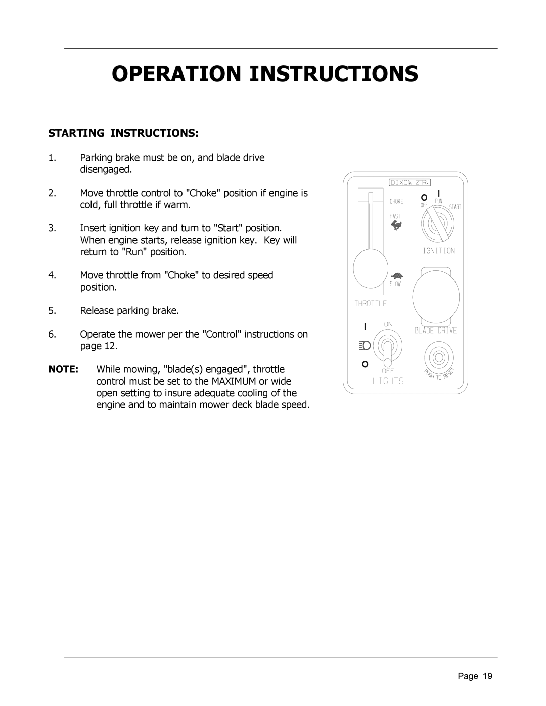 Dixon 8950-598, ZTR 4426 manual Starting Instructions 