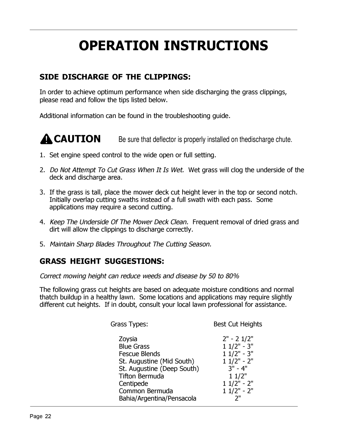 Dixon ZTR 4426, 8950-598 manual Side Discharge of the Clippings, Grass Height Suggestions 