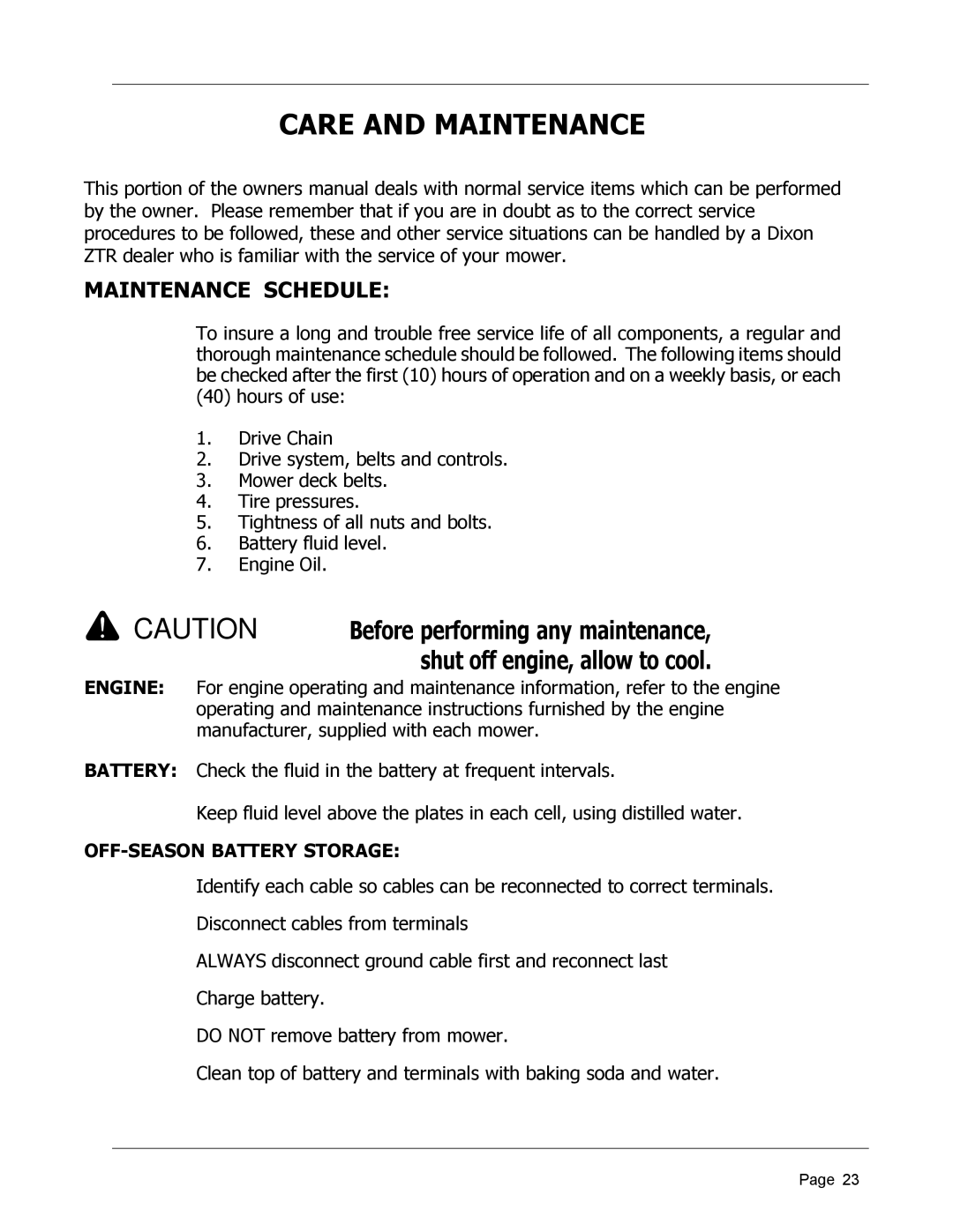 Dixon 8950-598, ZTR 4426 manual Care and Maintenance, Maintenance Schedule, OFF-SEASON Battery Storage 