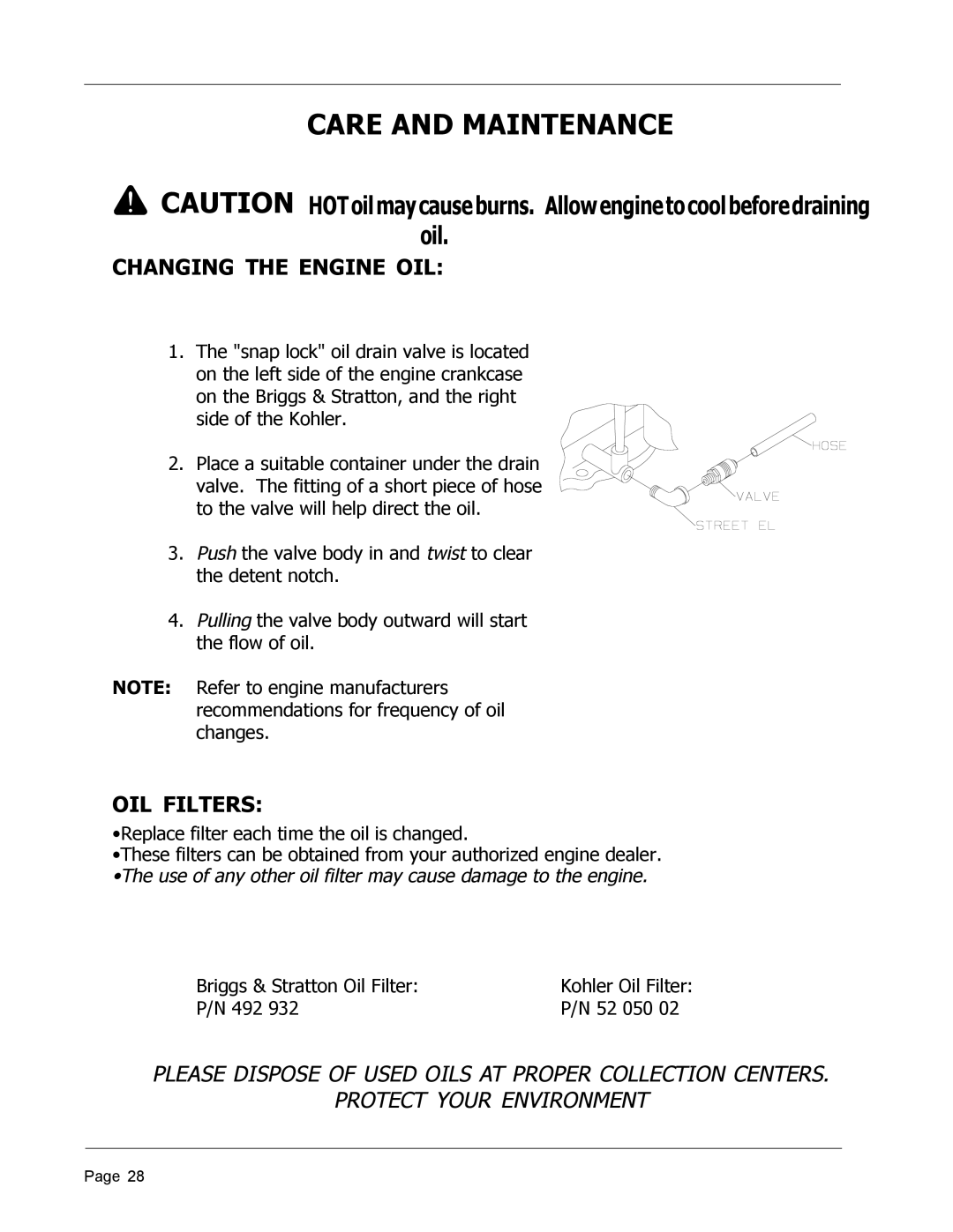 Dixon ZTR 4426, 8950-598 manual Changing the Engine OIL, OIL Filters 