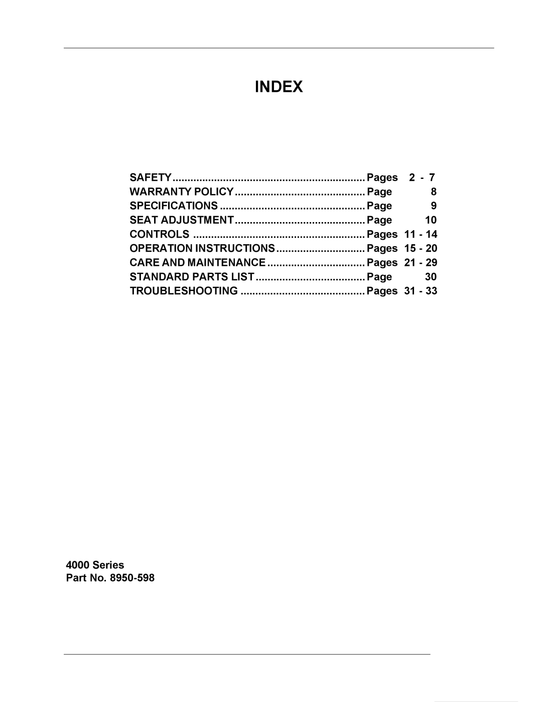 Dixon 8950-598, ZTR 4426 manual Index 