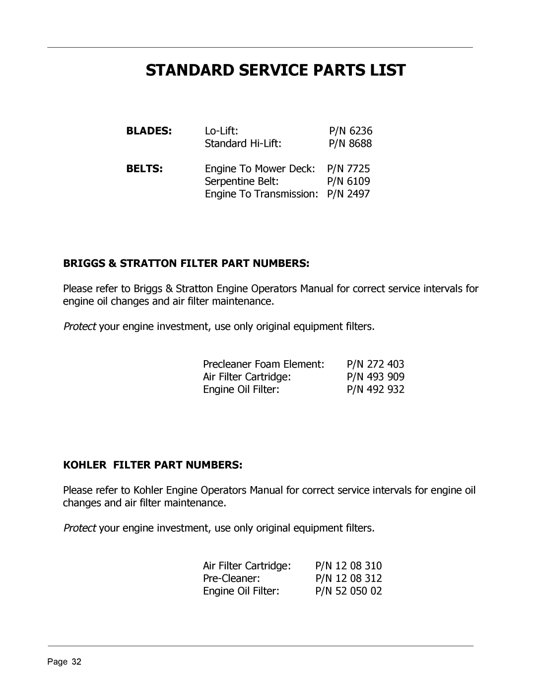 Dixon ZTR 4426, 8950-598 manual Standard Service Parts List, Blades, Belts, Briggs & Stratton Filter Part Numbers 