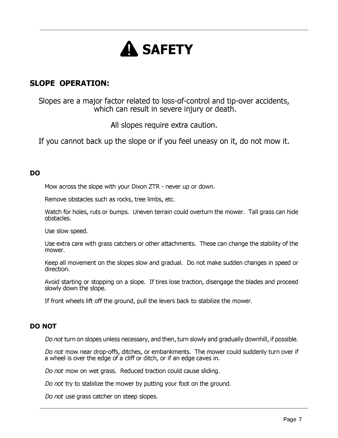 Dixon 8950-598, ZTR 4426 manual Slope Operation, Do not 