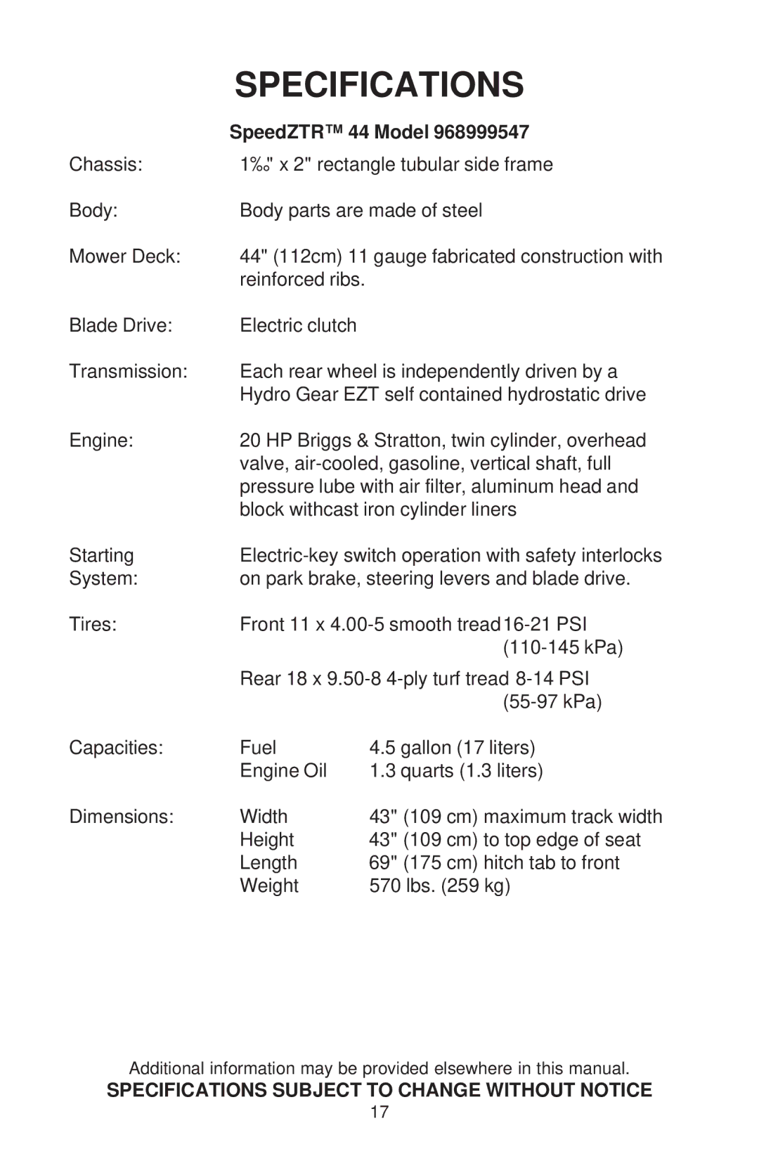 Dixon ZTR 44/968999538 manual SpeedZTR 44 Model 