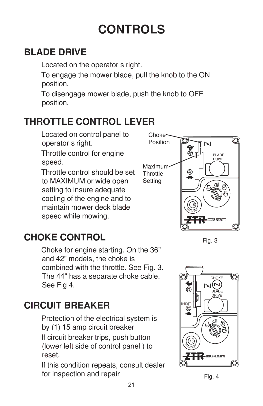 Dixon ZTR 44/968999538 manual Blade Drive, Throttle Control Lever, Choke Control, Circuit Breaker 