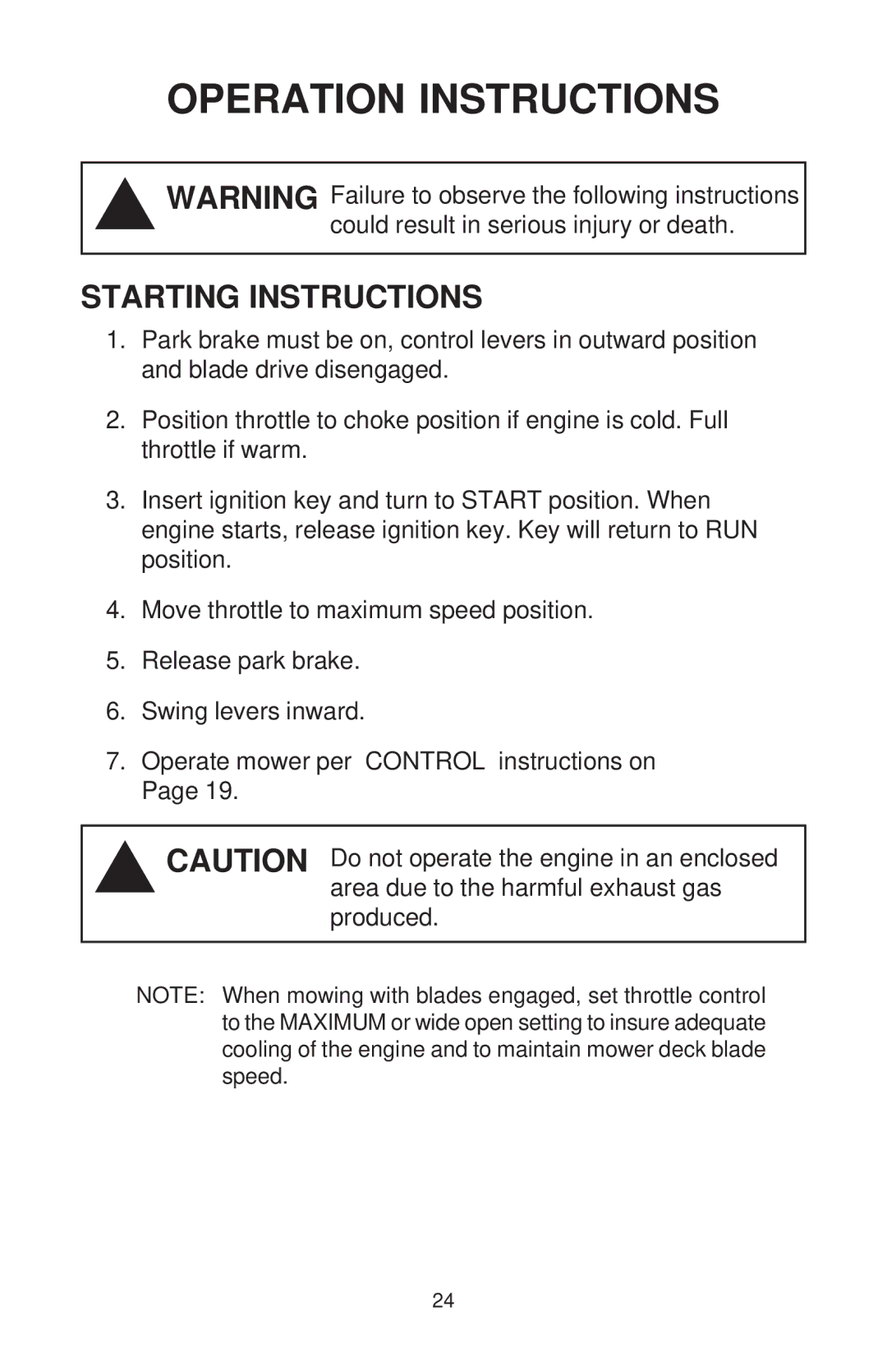 Dixon ZTR 44/968999538 manual Starting Instructions 