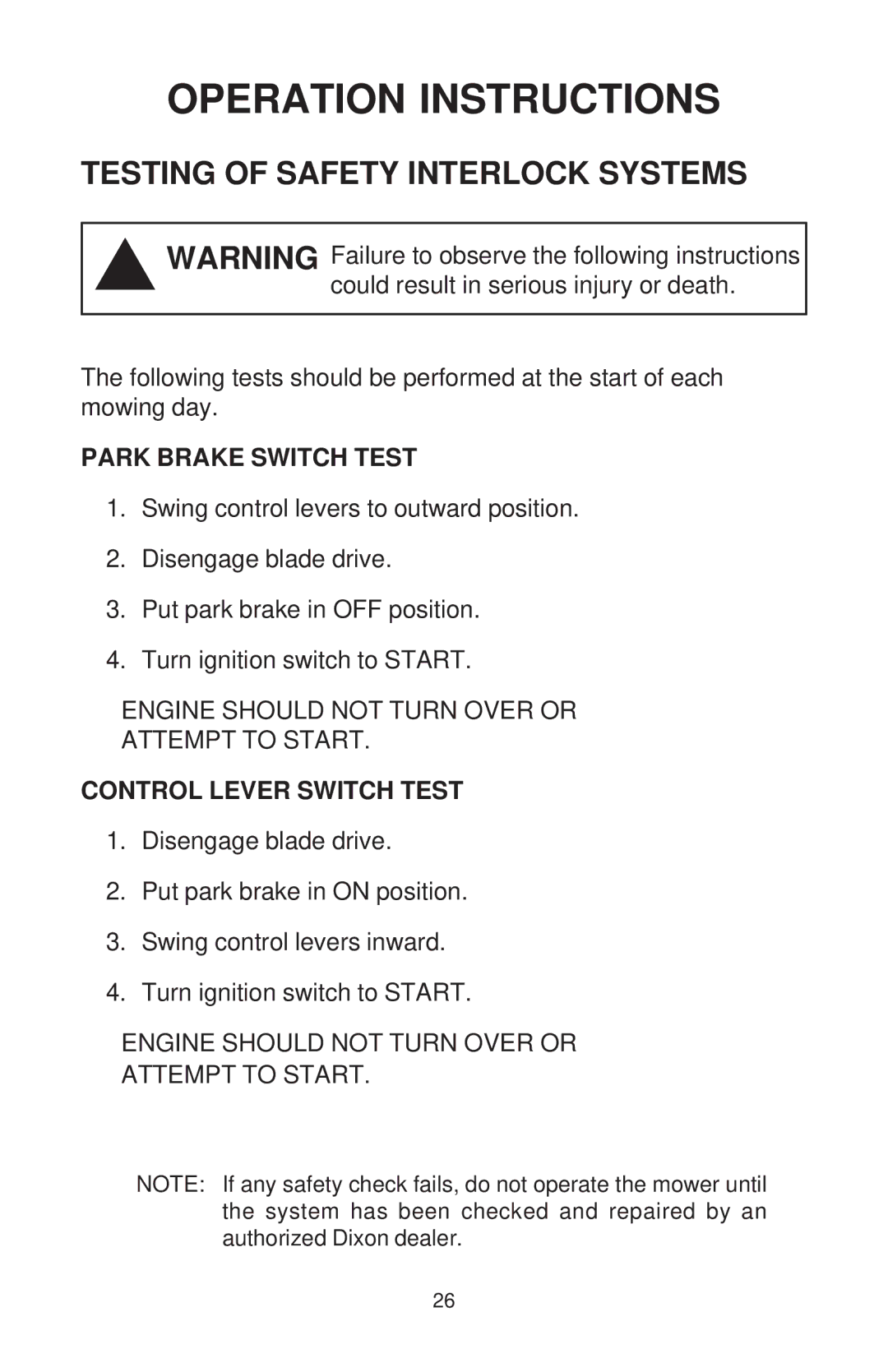 Dixon ZTR 44/968999538 manual Testing of Safety Interlock Systems, Park Brake Switch Test 